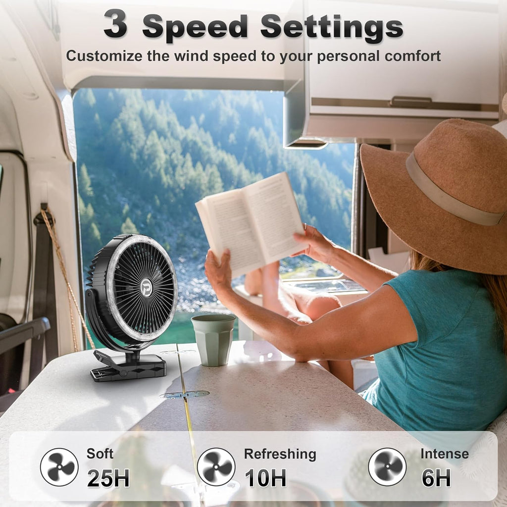 8-Inch Portable Camping Fan with Light, 10000mAh Rechargeable Battery Operated, 3 Speeds Cordless Clip on Table Fan with Hook & Light for Golf Cart Camping Tent Travel Jobsite Hurricane Power Outage