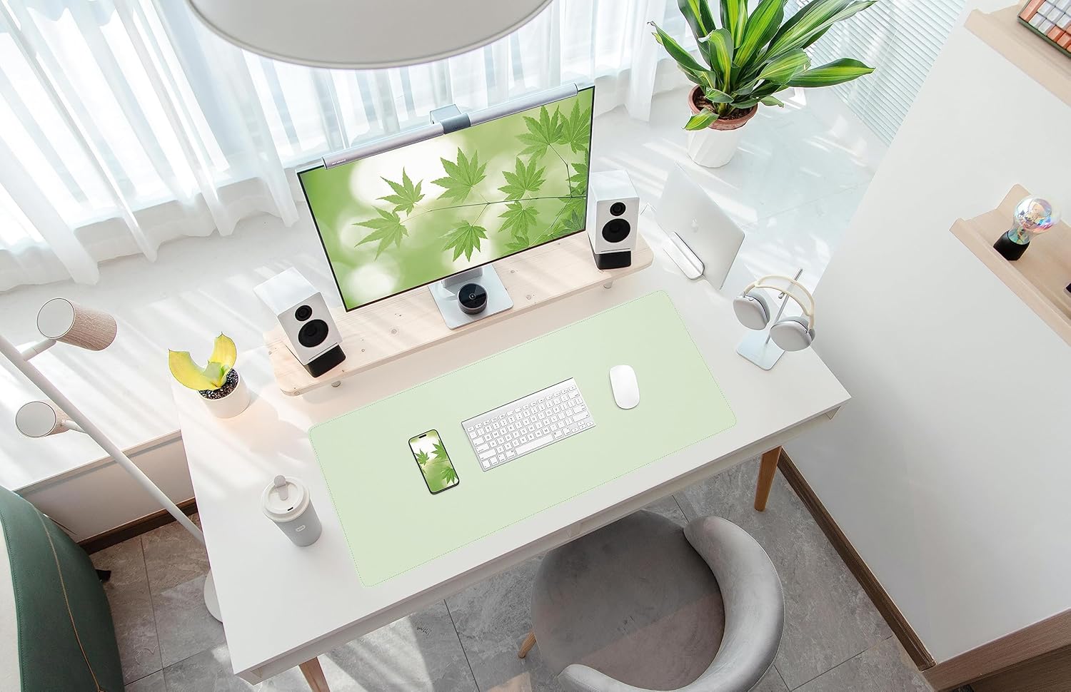 Leather Desk pad Protector, Large Desk mat with Natural Cork & PU Leather,Mouse pad,Non-Slip Office Desk Mat,Waterproof Desk Writing Pad for Office and Home (35in*17in, Light Green)