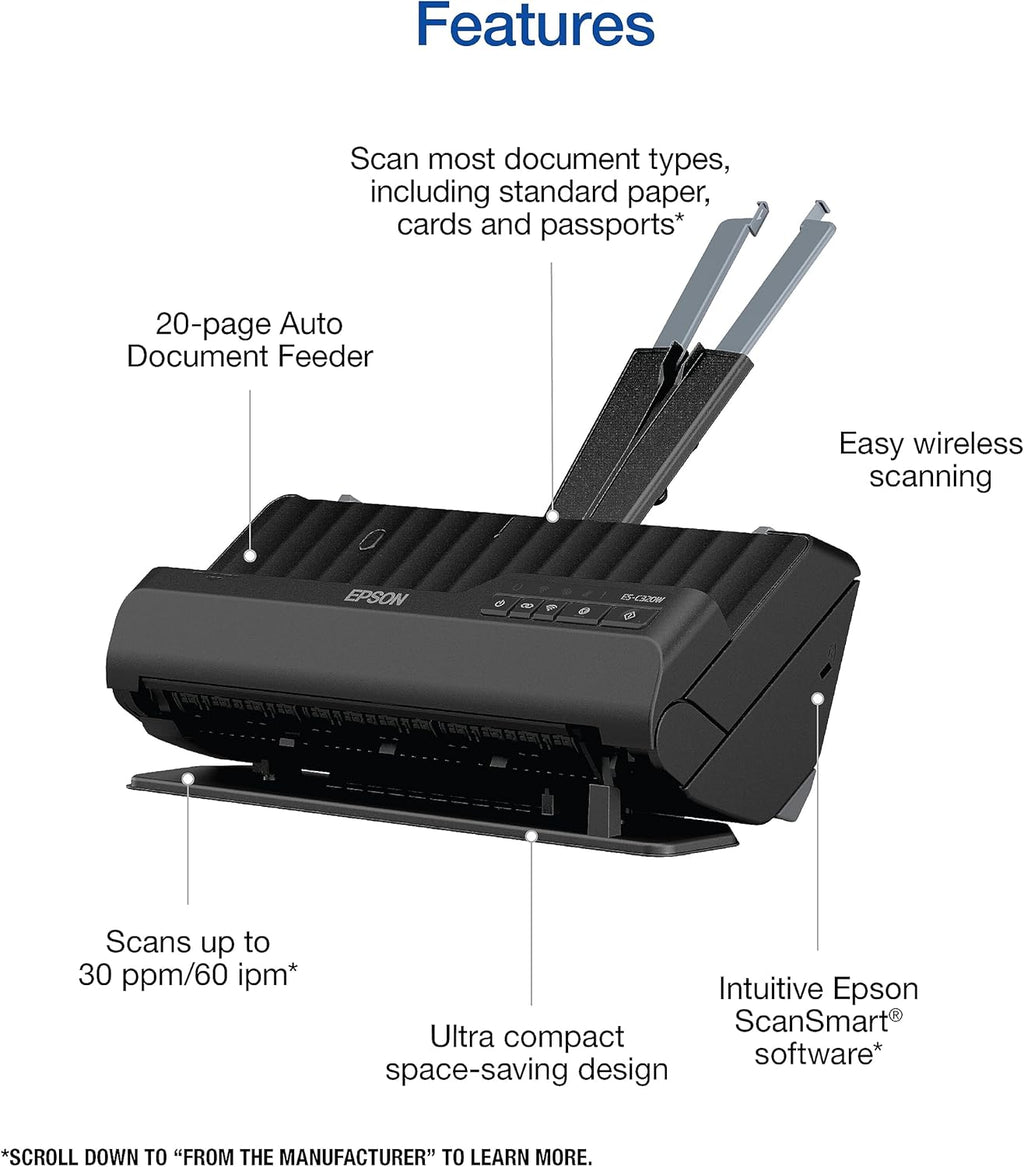 Epson - Workforce ES-C320W - Wireless Compact Desktop Document Scanner - 2-Sided Scanning and Auto Document Feeder - Paper and Card Scanner - Black