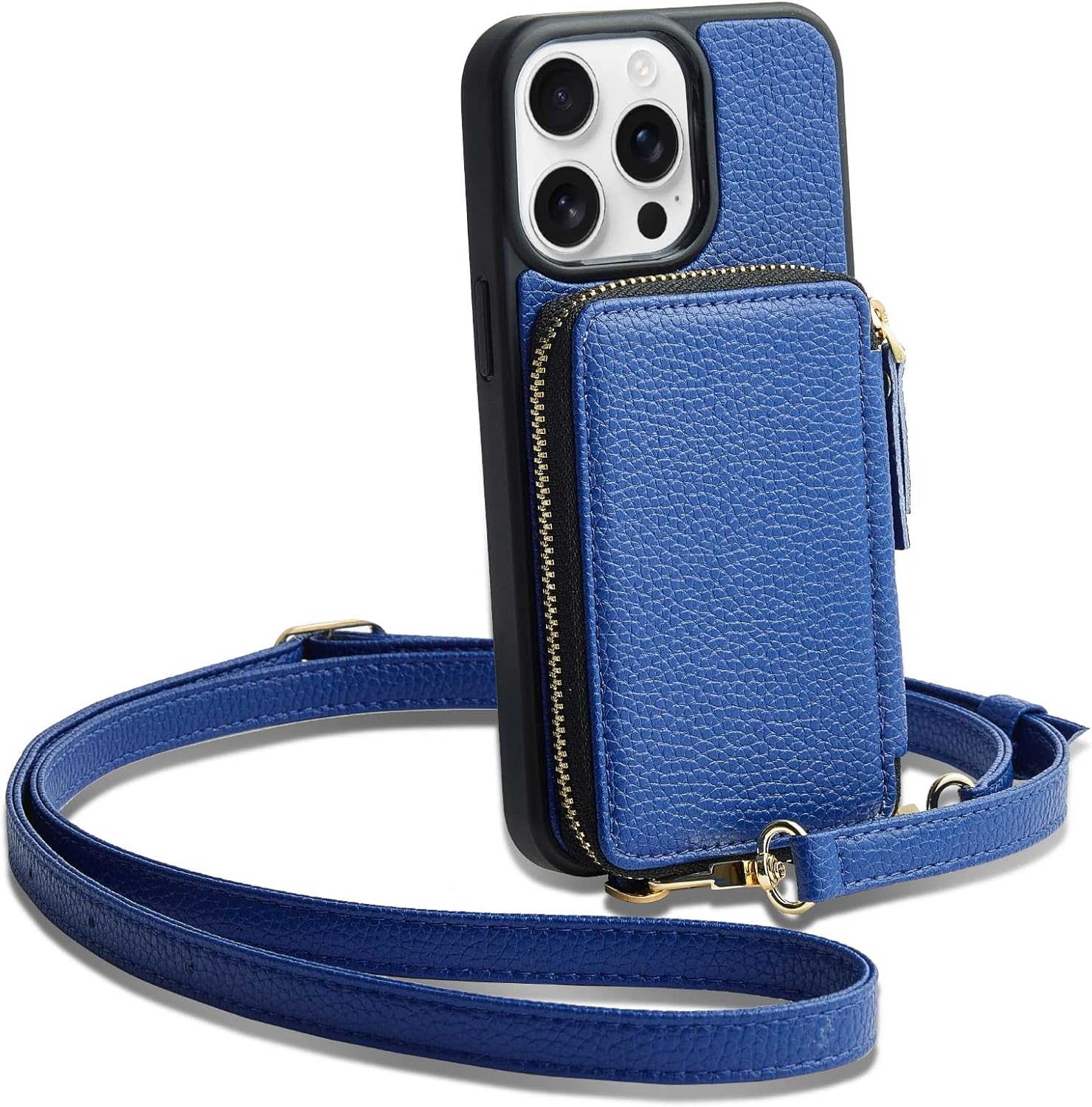 ZVE for iPhone 15 Pro Max Wallet Case, Crossbody, Card Holder Phone Purse for Women, RFID Blocking Zipper Leather Cover with Wrist Strap for iPhone 15 Pro Max (6.7 inch)- Navy Blue