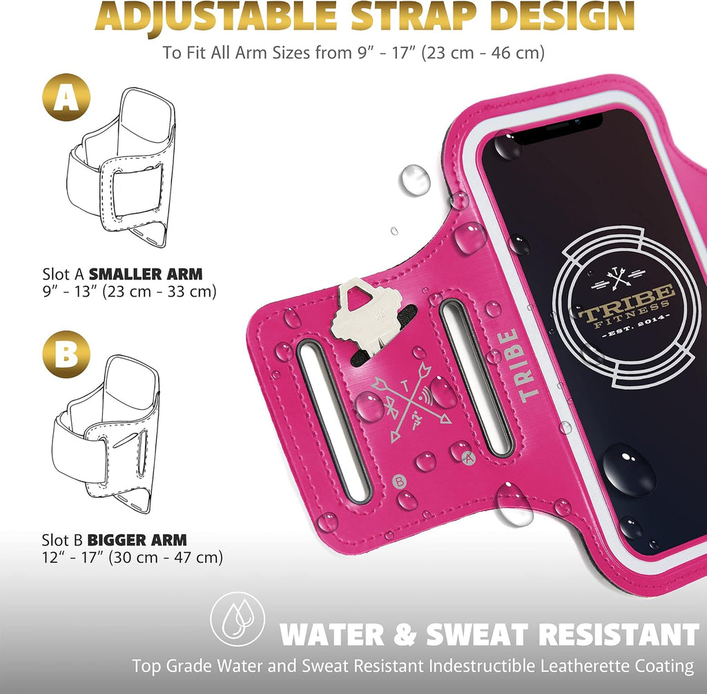 TRIBE Water Resistant Cell Phone Armband Case Running Holder for iPhone Pro Max Plus Mini SE (13/12/11/X/XS/XR/8/7/6/5) Galaxy S Ultra Plus Edge Note (21/20/10/9/8/7/6/5) Adjustable Strap & Key Pocket