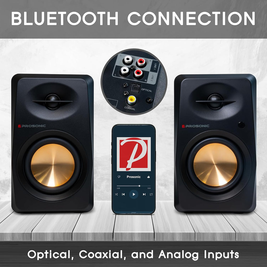 Prosonic BT30(2023 Version) Active Powered Bluetooth Bookshelf Speakers, Studio Monitor, Home Theater, Turntable with Optical Input, Coaxial Input, 2X RCA Aux Line Input, 80 Watts, (Black)