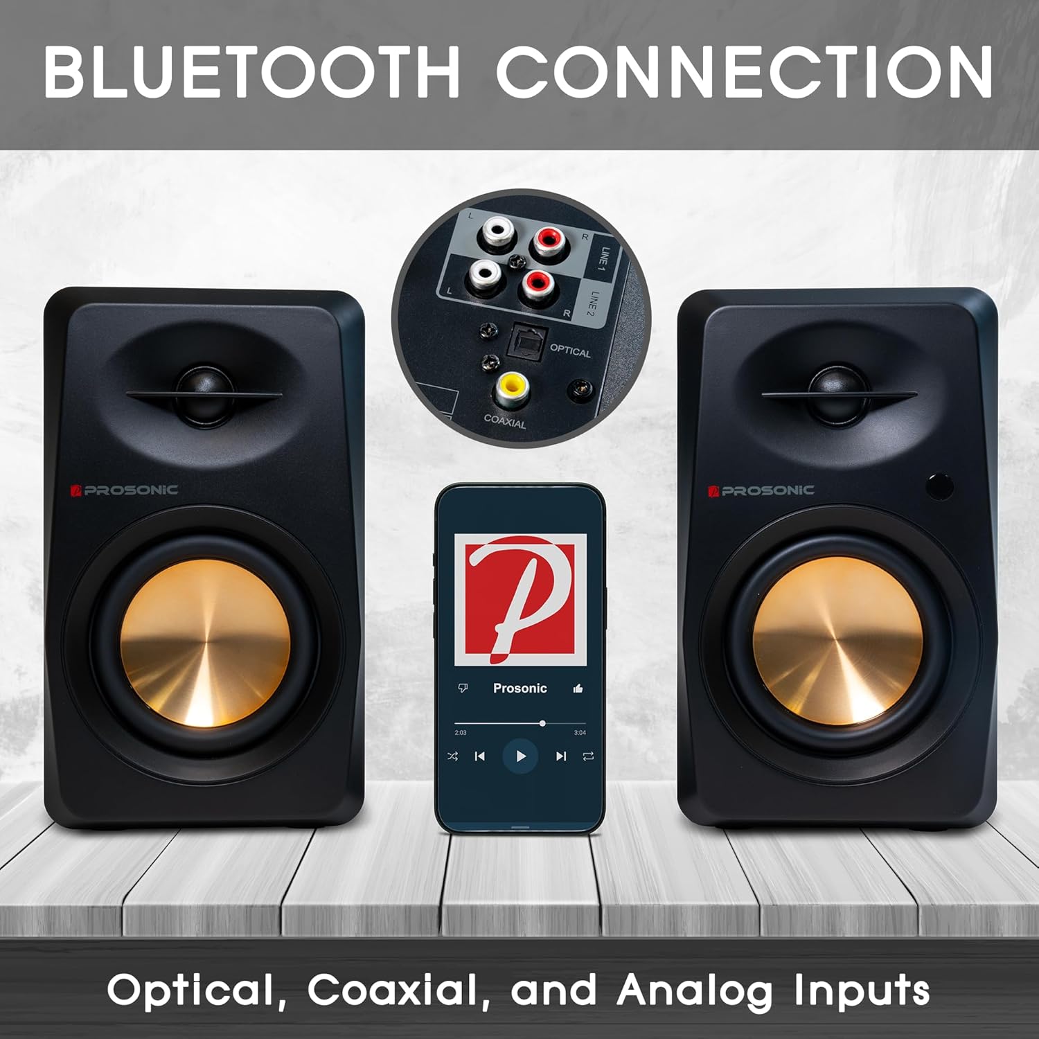 Prosonic BT30(2023 Version) Active Powered Bluetooth Bookshelf Speakers, Studio Monitor, Home Theater, Turntable with Optical Input, Coaxial Input, 2X RCA Aux Line Input, 80 Watts, (Black)