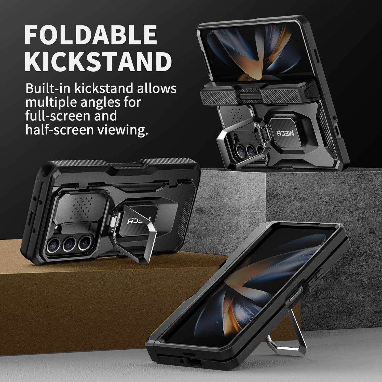 TONGATE for Z Fold 5 Case with Ring Stand, Built-in S Pen Holder & Glass Screen Protector Shockproof Rugged Z5 Phone Case with Slide Camera Cover& Belt Clip for Samsung Galaxy Z Fold 5, Privacy Black