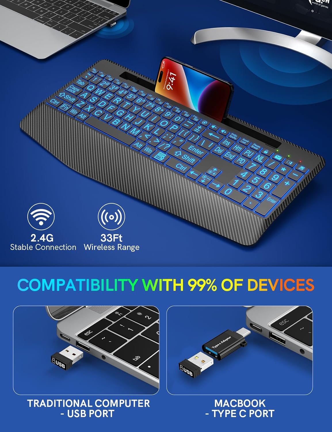 Wireless Keyboard with 7 Colored Backlits, Wrist Rest, Phone Holder, Rechargeable Ergonomic Computer Keyboard with Silent Keys, Full Size Lighted Keyboard for Windows, Mac, PC, Laptop (Large Print)