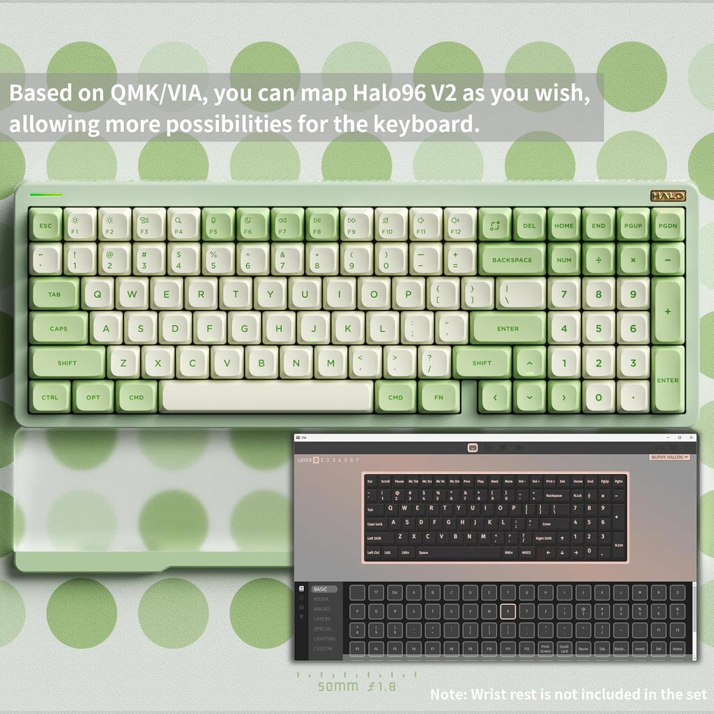 nuphy Halo96 V2 Wireless Keyboard,Gasket Structure,96% Hot Swappable Gaming Keyboard, 99 Kyes RGB Backlit Mechanical Keyboard, Support QMK/VIA,Bluetooth/USB-C/2.4GHz-Green,Silent Red Clear-Top (45gf)
