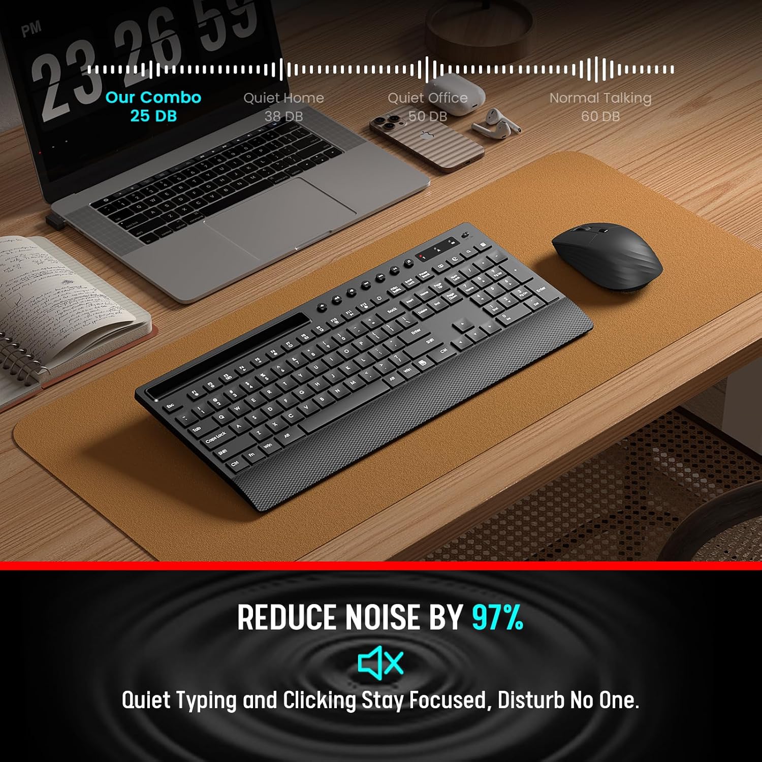 Trueque Wireless Keyboard and Mouse Combo - Full-Size Quiet Keyboard with Palm Rest, Phone Holder, Multimedia Keys, Power Switch, Compatible with Windows, Chrome OS, PC, Laptop (Batteries Included)
