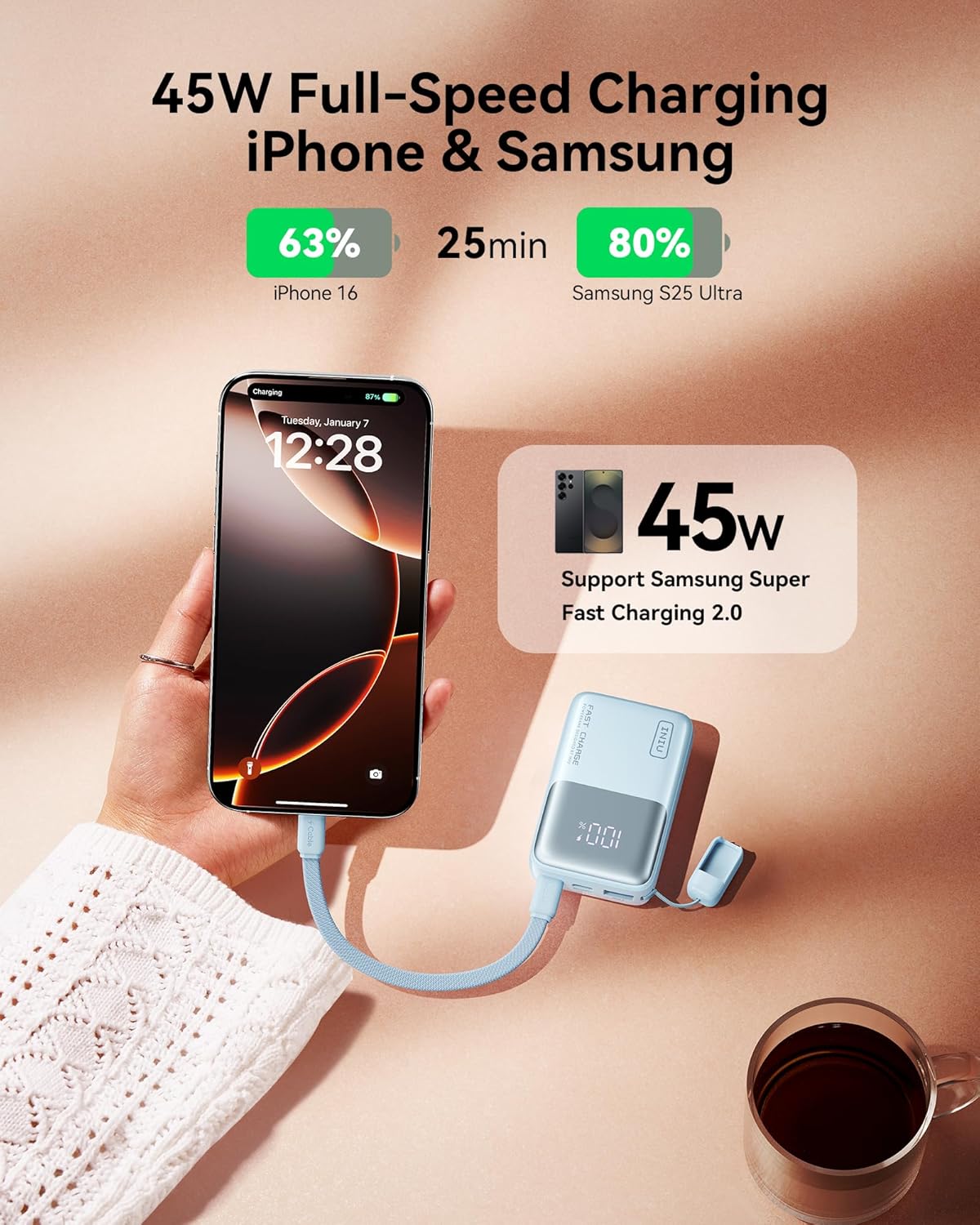 INIU Portable Charger, Ultra Small 10000mAh 45W PD Power Bank, USB C in&Out Fast Charging Battery Pack, Travel Essentials Powerbank for iPhone 16/15/14/13 Pro Max, iPad mini/Air, Samsung S22 S24 etc