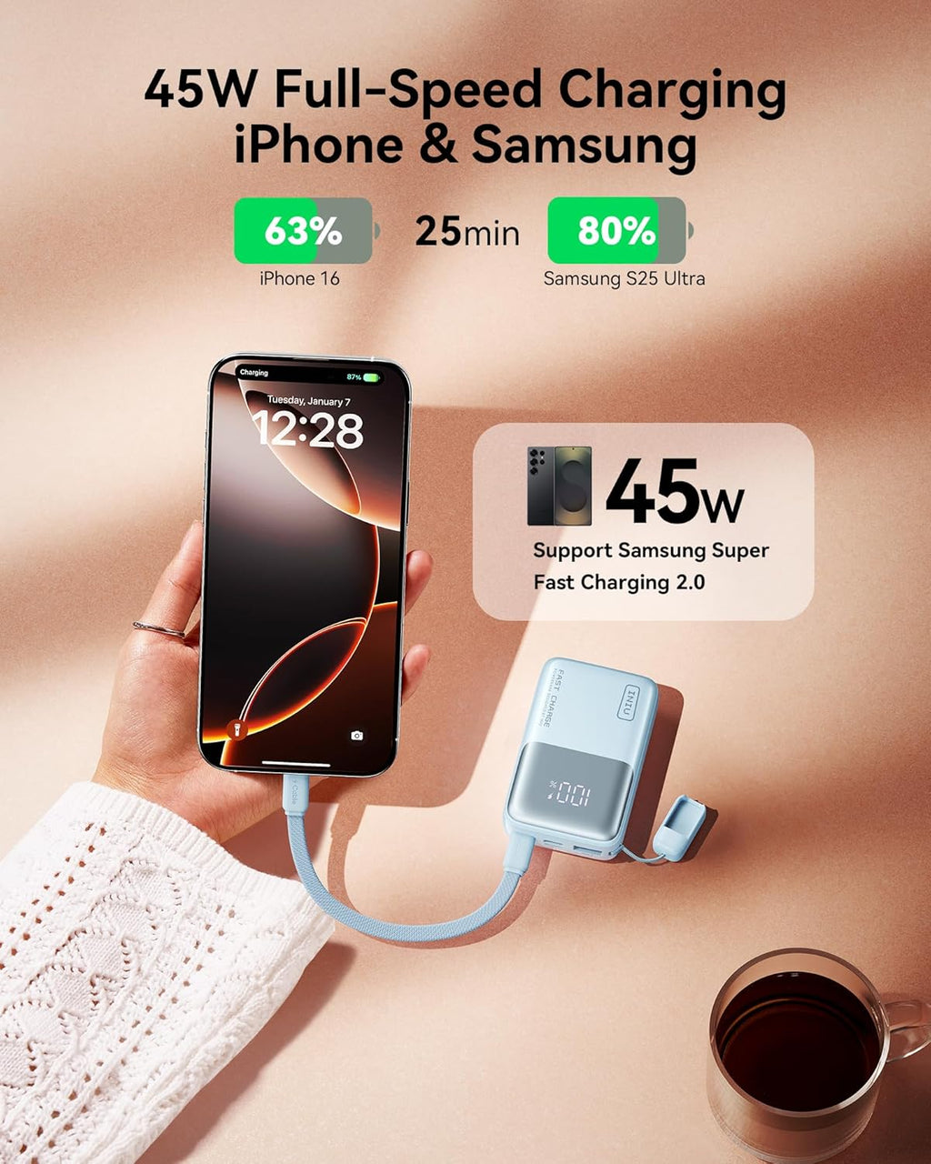 INIU Pocket Size Portable Charger, Ultra Small 10000mAh 45W PD Power Bank, USB C in&Out Fast Charging Battery Pack, Travel Essentials Powerbank for iPhone 16/15 Pro Max, iPad Air, Samsung S22 S27 etc