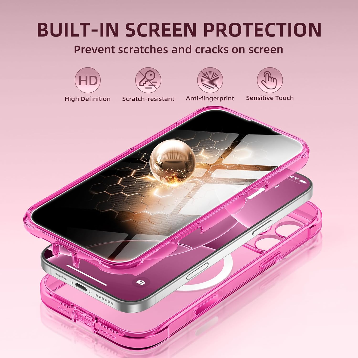 BERFY Magnetic for iPhone 16 Pro Case, Compatible with MagSafe, Built-in Privacy Screen Protector and Upgraded Camera Protection, Anti-Spy Full Body Shockproof Phone Case for 16 Pro 6.3", Bright Pink