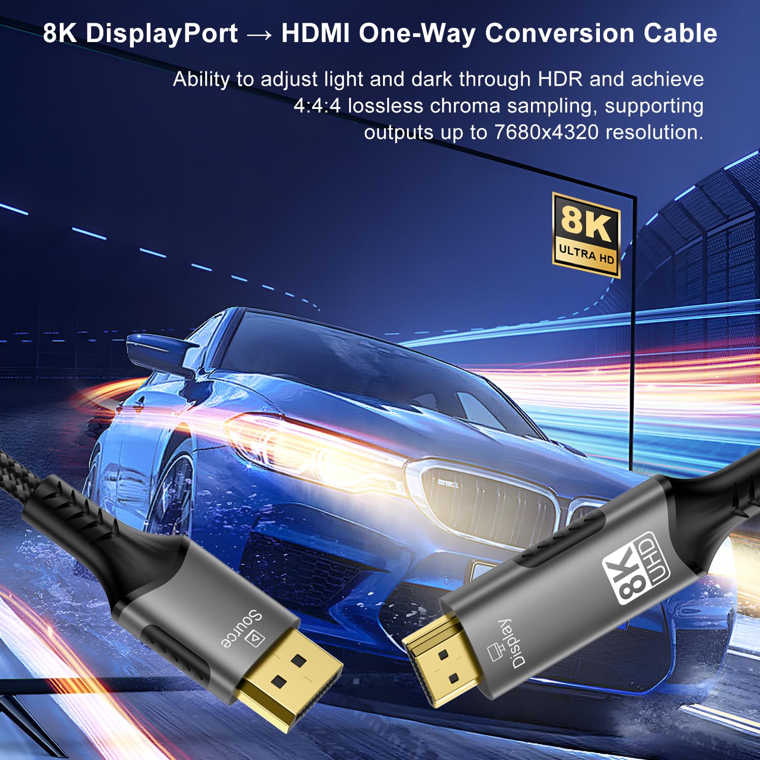 FDBRO 8K DisplayPort to HDMI Cable Active 8K@60Hz 4K@120Hz 32.4Gbps, Uni-Directional, DP 1.4 to HDMI 2.1 Cord Support HDR/HDCP 2.2/DSC 1.2 for Gaming Monitor, TV, PC (Gray & Black, 2M (6.6FT))