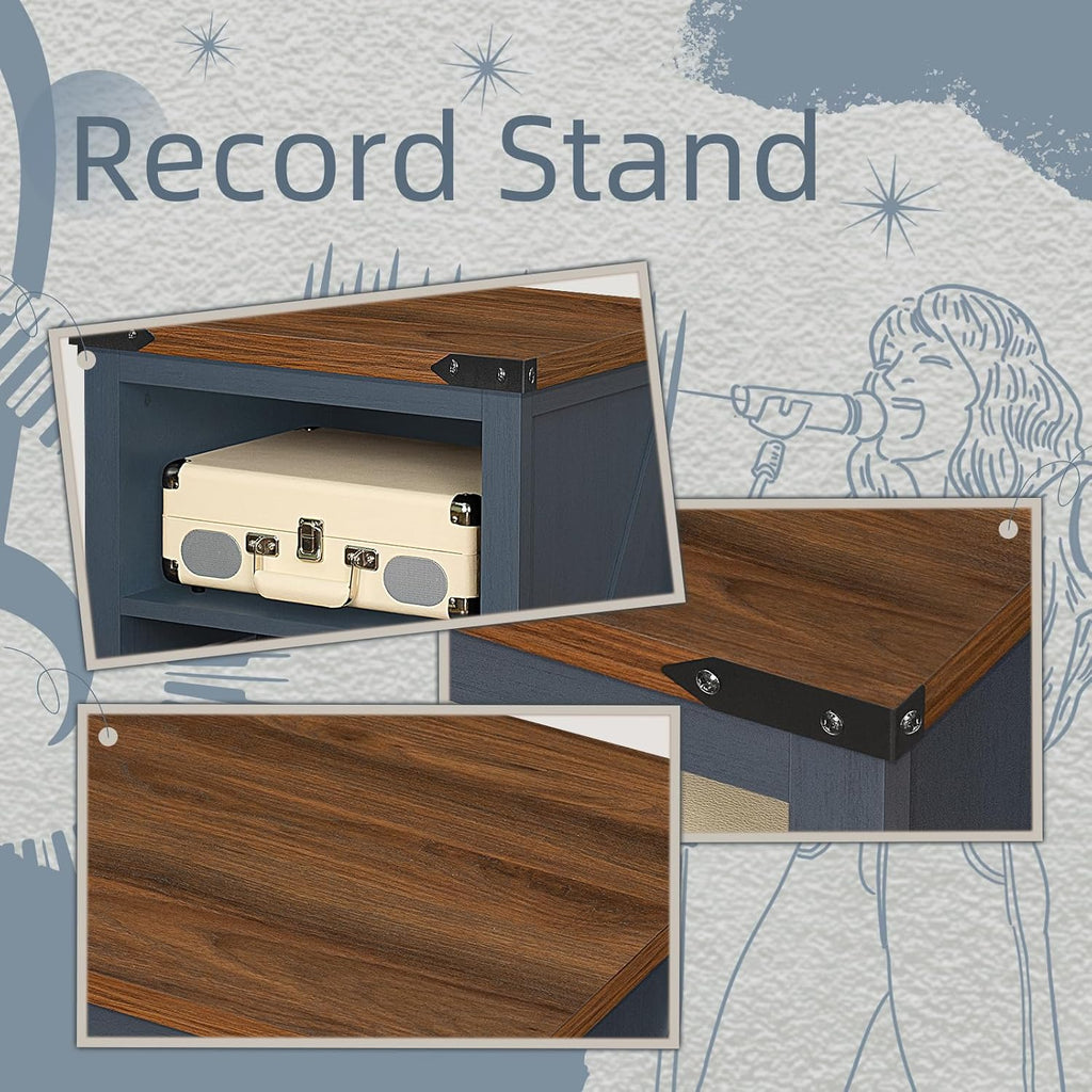 Record Player Stand with Vinyl Record Storage,Navy Blue Record Player Table Holds up to 160 Albums,Large Wood Turntable Stand Cabinet Dispaly Shelf for Living Room,Bedroom,Office