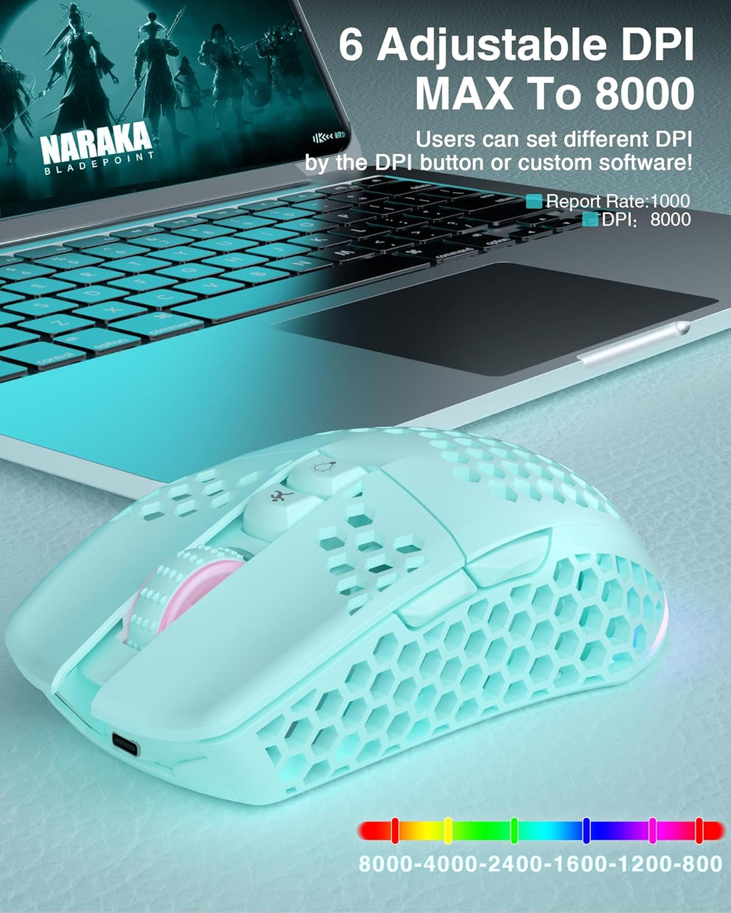 SM600 Honeycomb Shell Gaming Mouse Wireless,8000 DPI Tri-Modes BT5.1/2.4G Wireless/Type-C Wired Gamer Mouse with 2 Side Buttons, Macro Programmable and RGB Light for PC/Mac/Laptop,Green