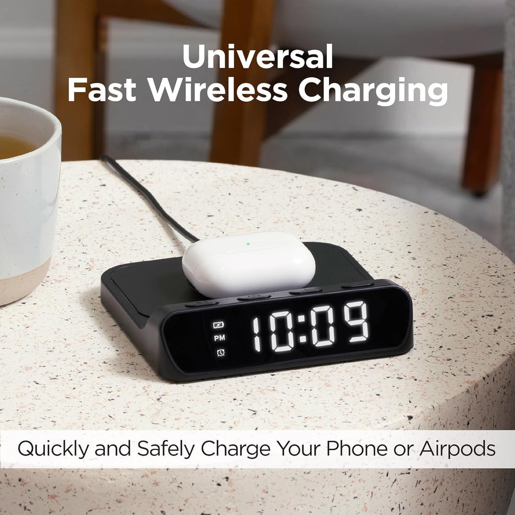 iHome Wireless Charger with Alarm Clock, Compact Digital Alarm Clock for Bedroom, Home Office, or Dorm (iW14)