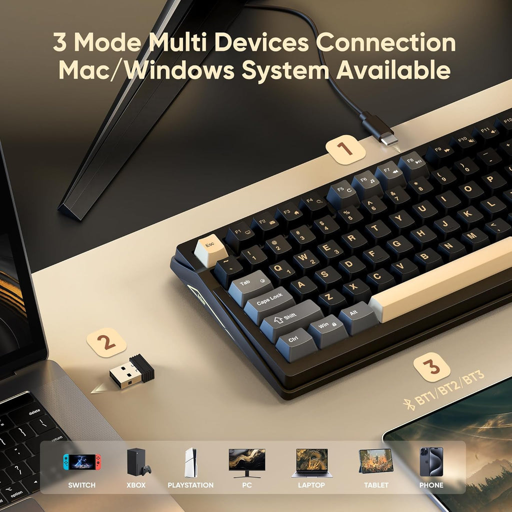 RedThunder K95 Wireless Mechanical Keyboard, TFT Screen & Knob, Tri-Mode BT5.0/2.4GHz/USB-C Hot Swappable Custom, Pre-lubed Linear Pink Switches, Gasket Structure, RGB Gaming Keyboard, Black-Gold