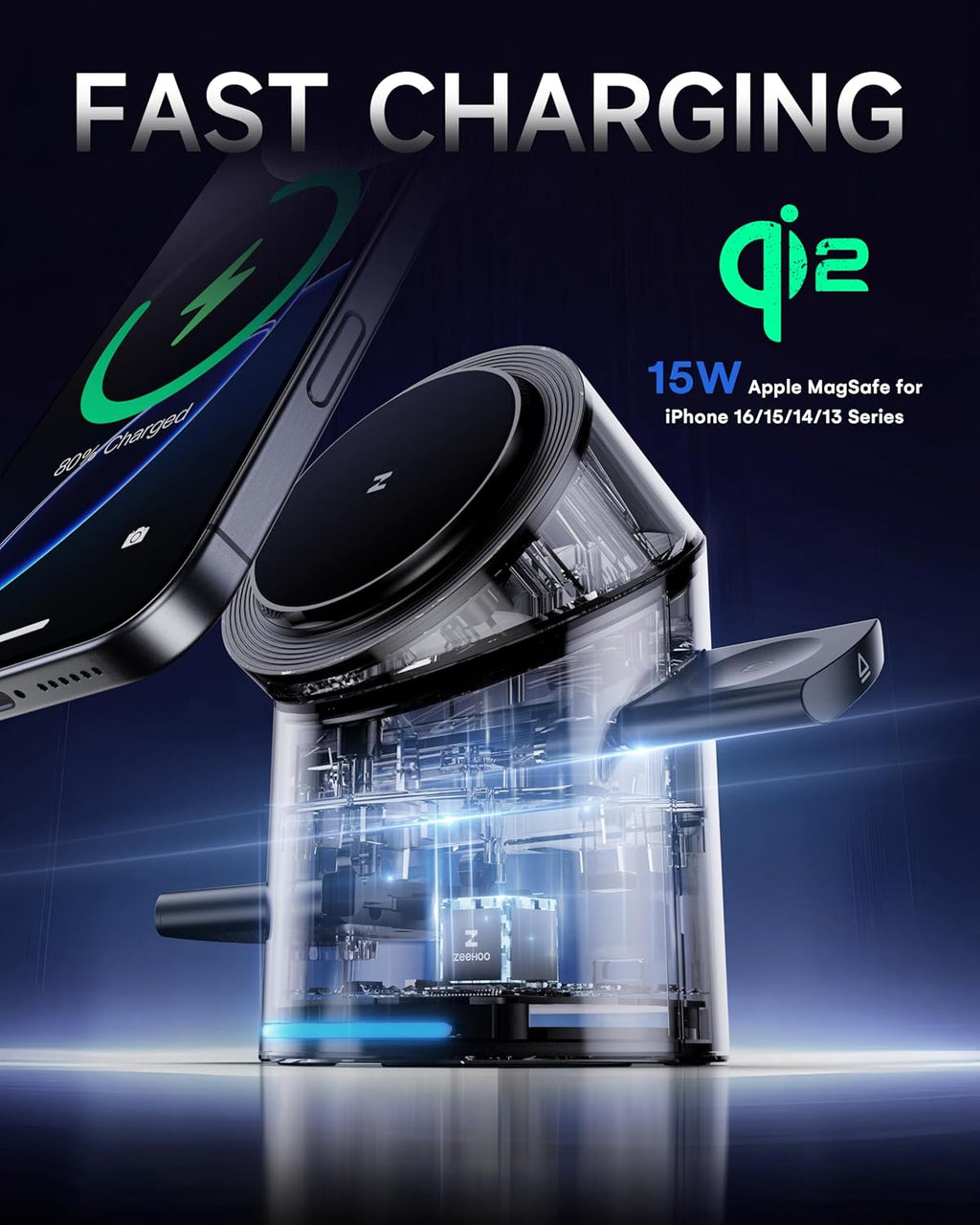 ZEEHOO 3 in 1 Charging Station for Apple Devices, Mag-Safe Charger Stand, Qi2 15W Auto-Rotating Wireless Charger for iPhone 16/15/14/13/12 Series& AirPods& iWatch(White)