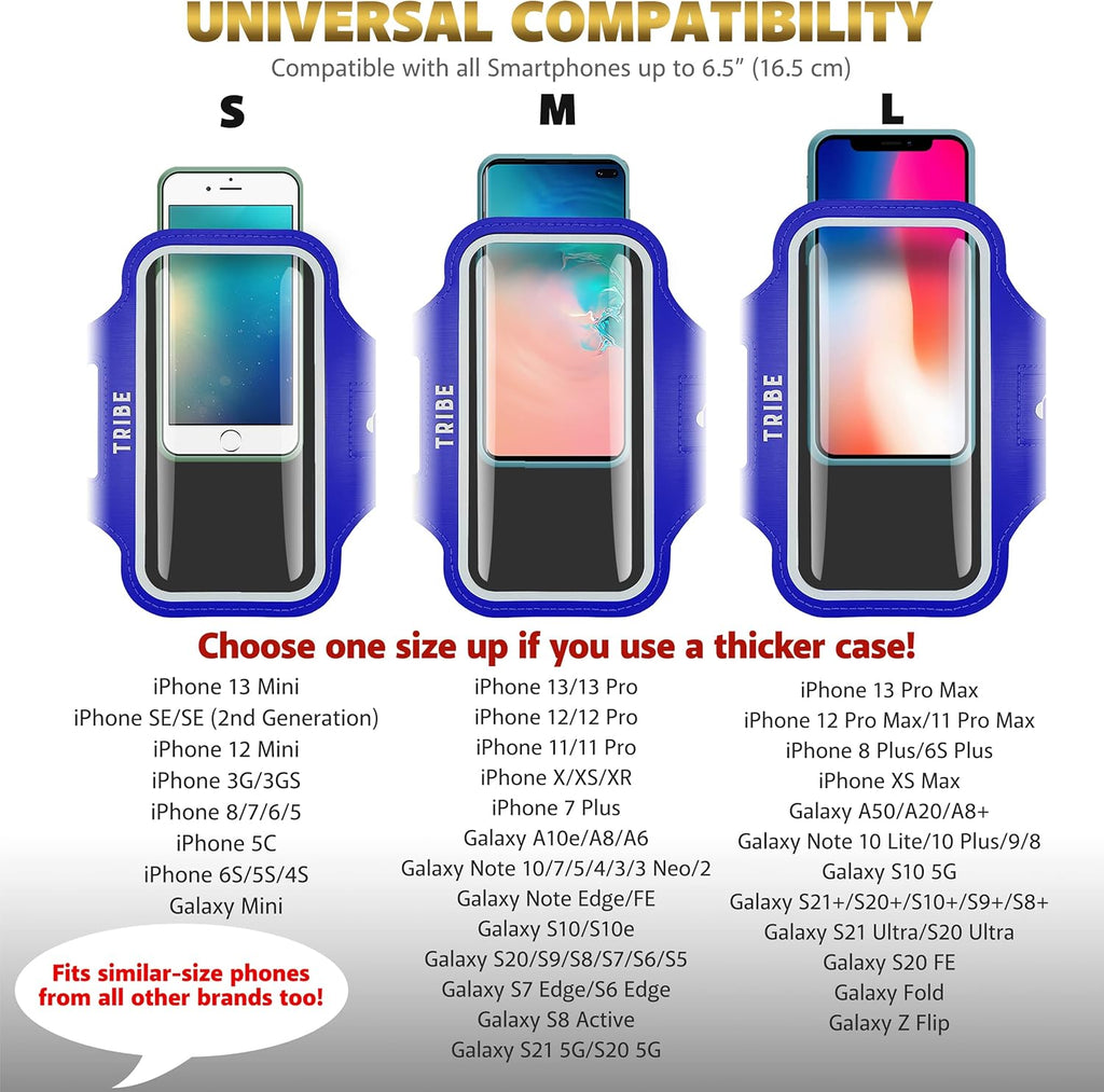 TRIBE Water Resistant Cell Phone Armband Case Running Holder for iPhone Pro Max Plus Mini SE (13/12/11/X/XS/XR/8/7/6/5) Galaxy S Ultra Plus Edge Note (21/20/10/9/8/7/6/5) Adjustable Strap & Key Pocket