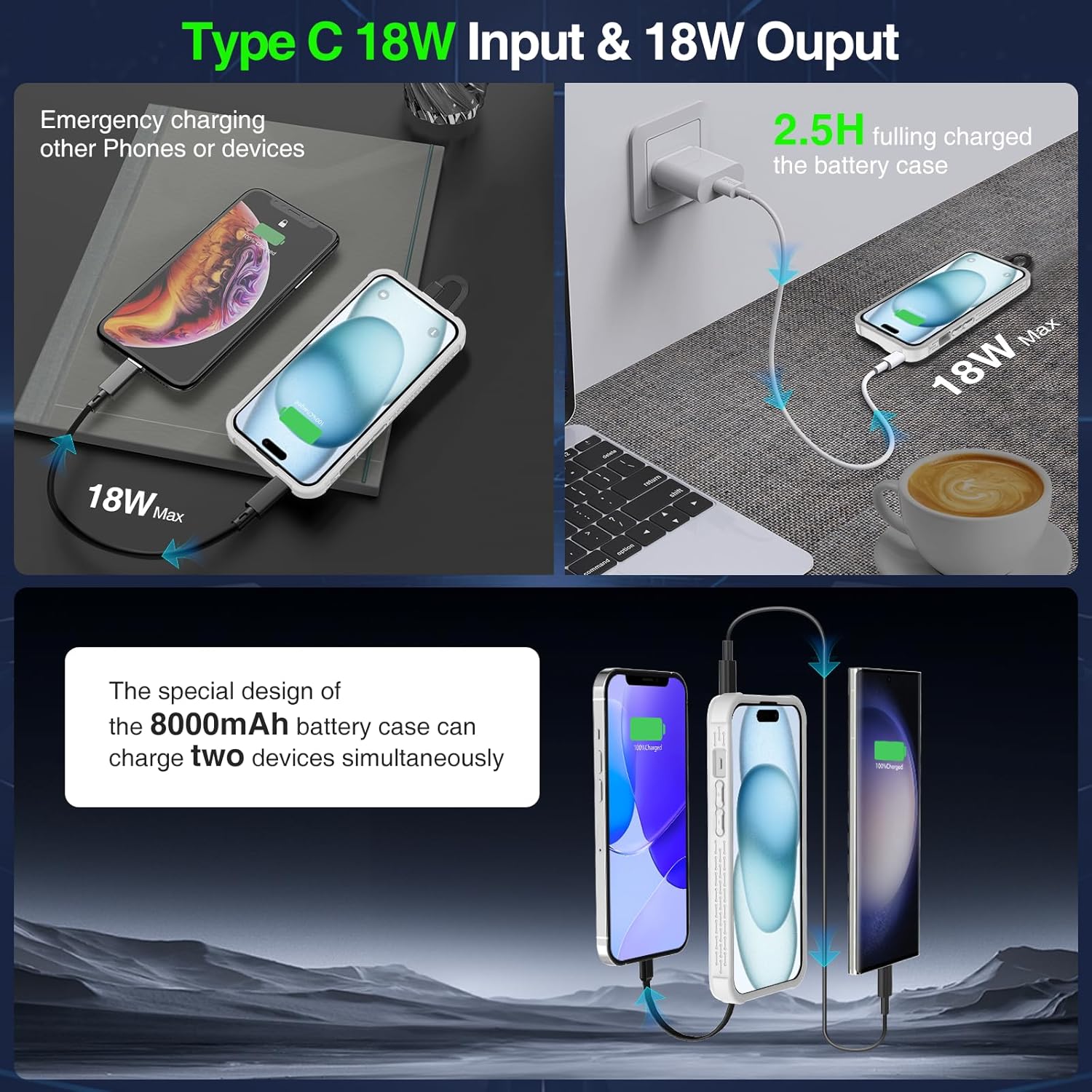 GIN FOXI Fast Charging Battery Case for iPhone 15 Pro Max/15 Plus, 8000mAh 15W Ultra Slim Charger Case Rechargeable Portable Extended Power Bank Case Cover Battery Pack Built-in Cable, Grey(6.7”)