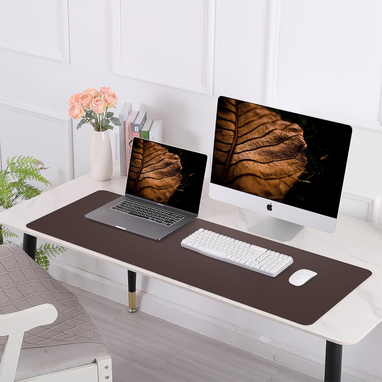 Leather Desk pad Protector, Large Desk mat with Natural Cork & PU Leather,Mouse pad,Non-Slip Office Desk Mat,Waterproof Desk Writing Pad for Office and Home (Coffee 31.5in*17in)