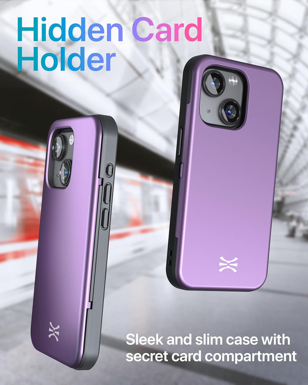 TORU CX Slim for iPhone 15 Case Wallet | Protective Shockproof Heavy Duty Cover with Hidden Card Holder & Card Slot | Mirror & Wrist Strap Included - Purple