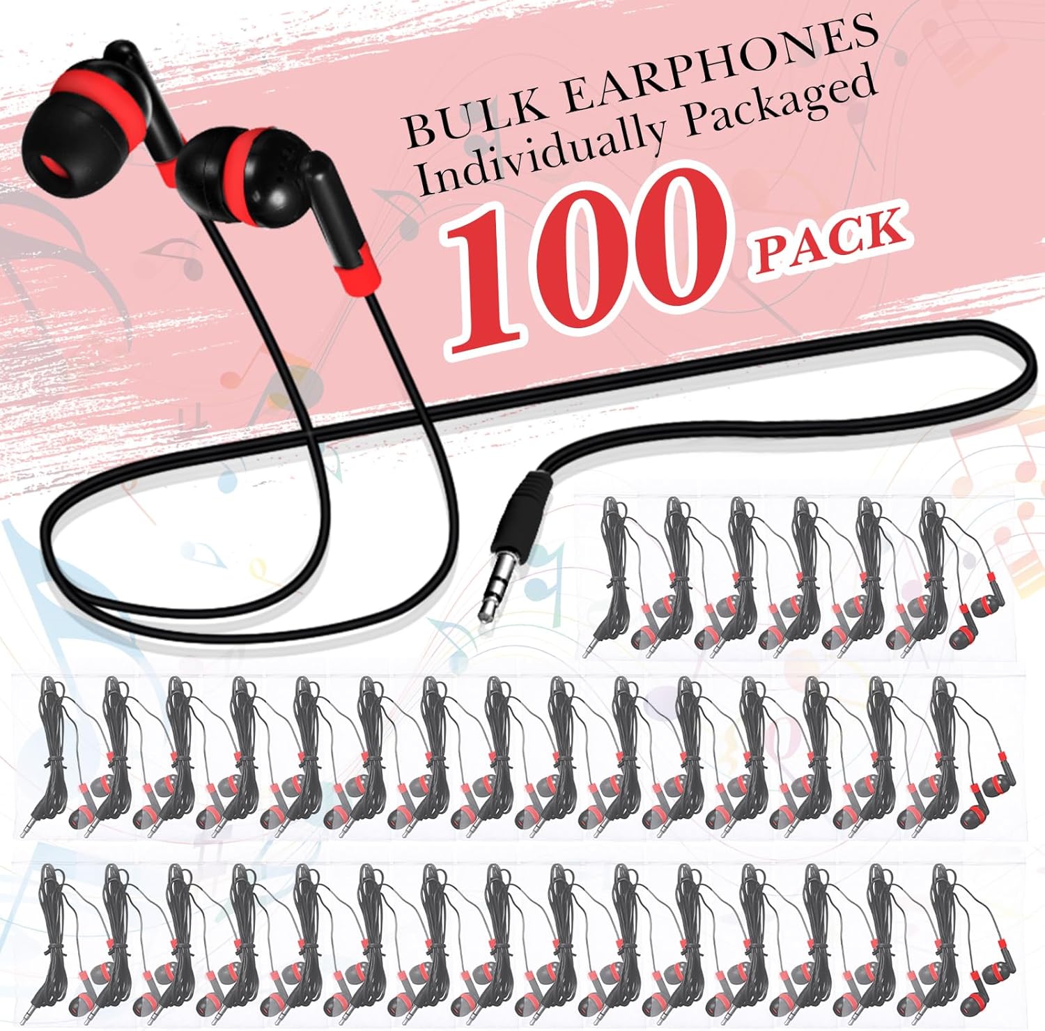 Kanayu 100 Pack Wired Earbuds Bulk for Classroom Ear Headphones Wired Basic Student Earbuds No Microphone with 3.5mm Jack for Kids Class Laptop School Library, Individually Bagged(Red)