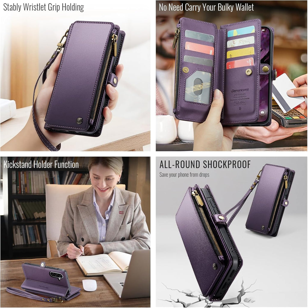 Defencase for Galaxy A26 5G Case Wallet with RFID Blocking Card Holder for Women Men, Fashion PU Leather Magnetic Snap Flip Zipper Wrist Strap Wallet Phone Case for Samsung Galaxy A26 5G, Purple