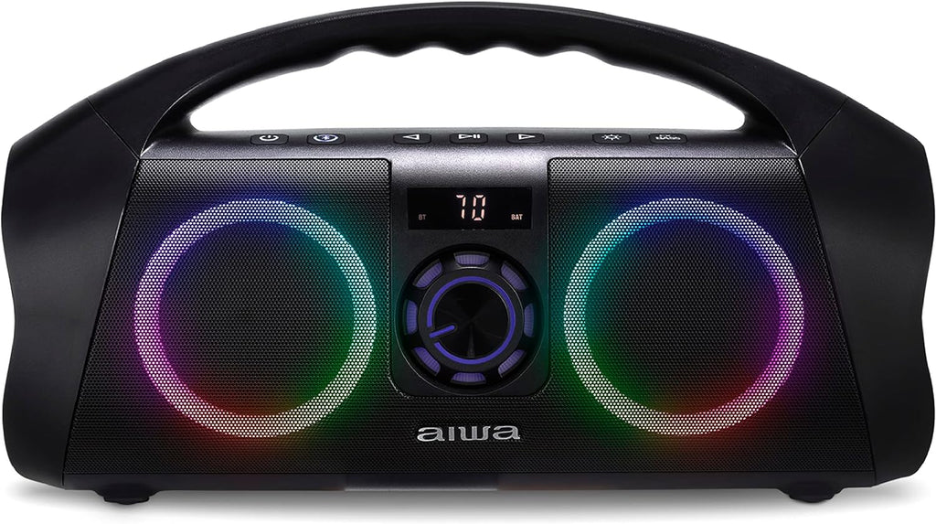 AIWA Portable Boombox - Waterproof Bluetooth Speaker, Rechargeable Wireless Boombox with Multi Color LED Lighting and Digital Display, AUX Input and Carry Handle, 15 Hour Playtime