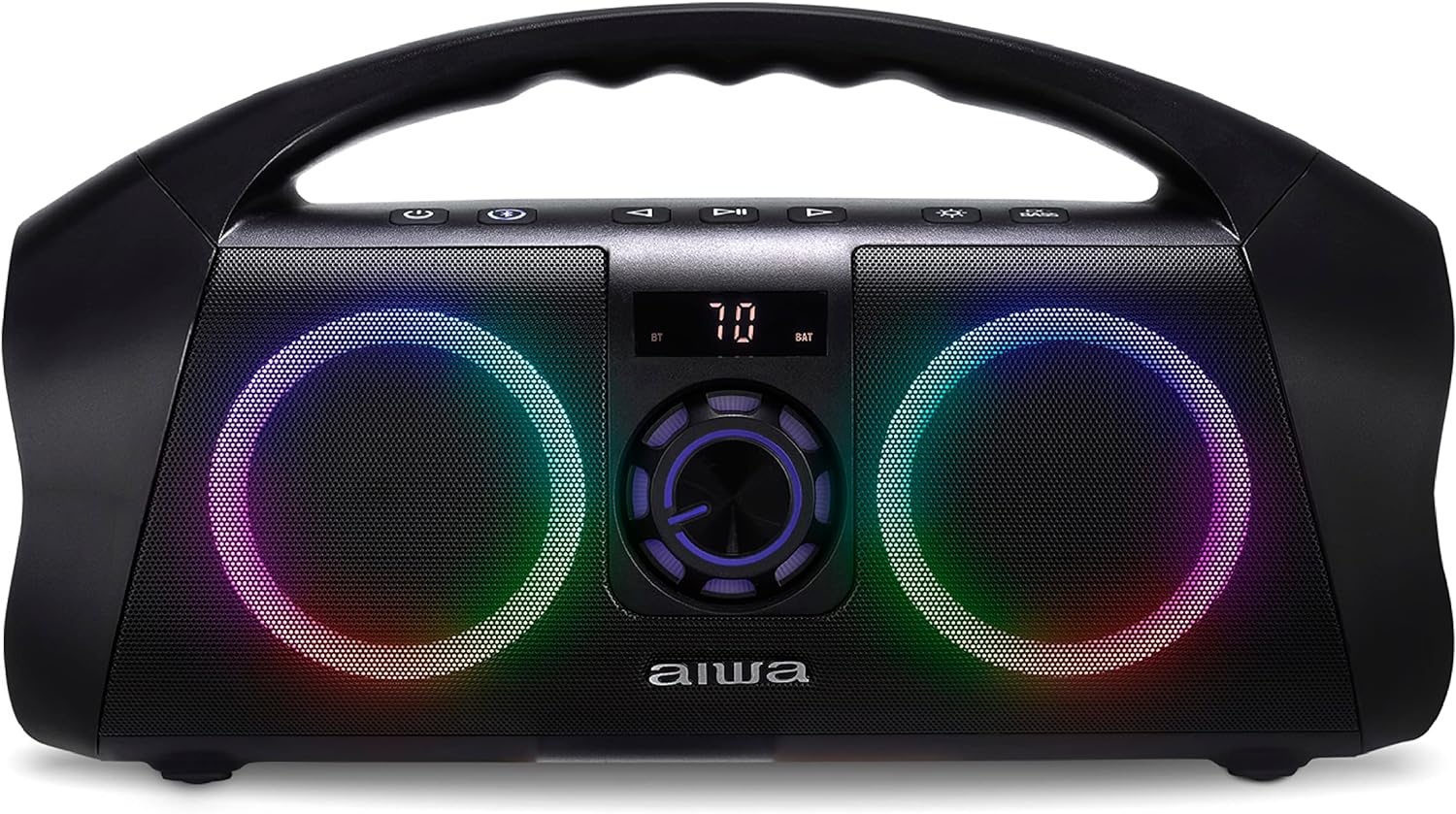 AIWA Portable Boombox - Waterproof Bluetooth Speaker, Rechargeable Wireless Boombox with Multi Color LED Lighting and Digital Display, AUX Input and Carry Handle, 15 Hour Playtime