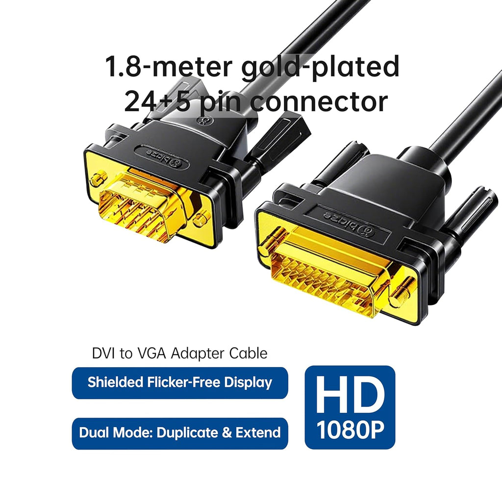 DVI to VGA Cable 6ft/1.8m [DVI-I 24+5 Pin Male to VGA Male] - Gold-Plated Connector for PC, Monitor, Projector - Compatible with Desktop, Laptop, GPU
