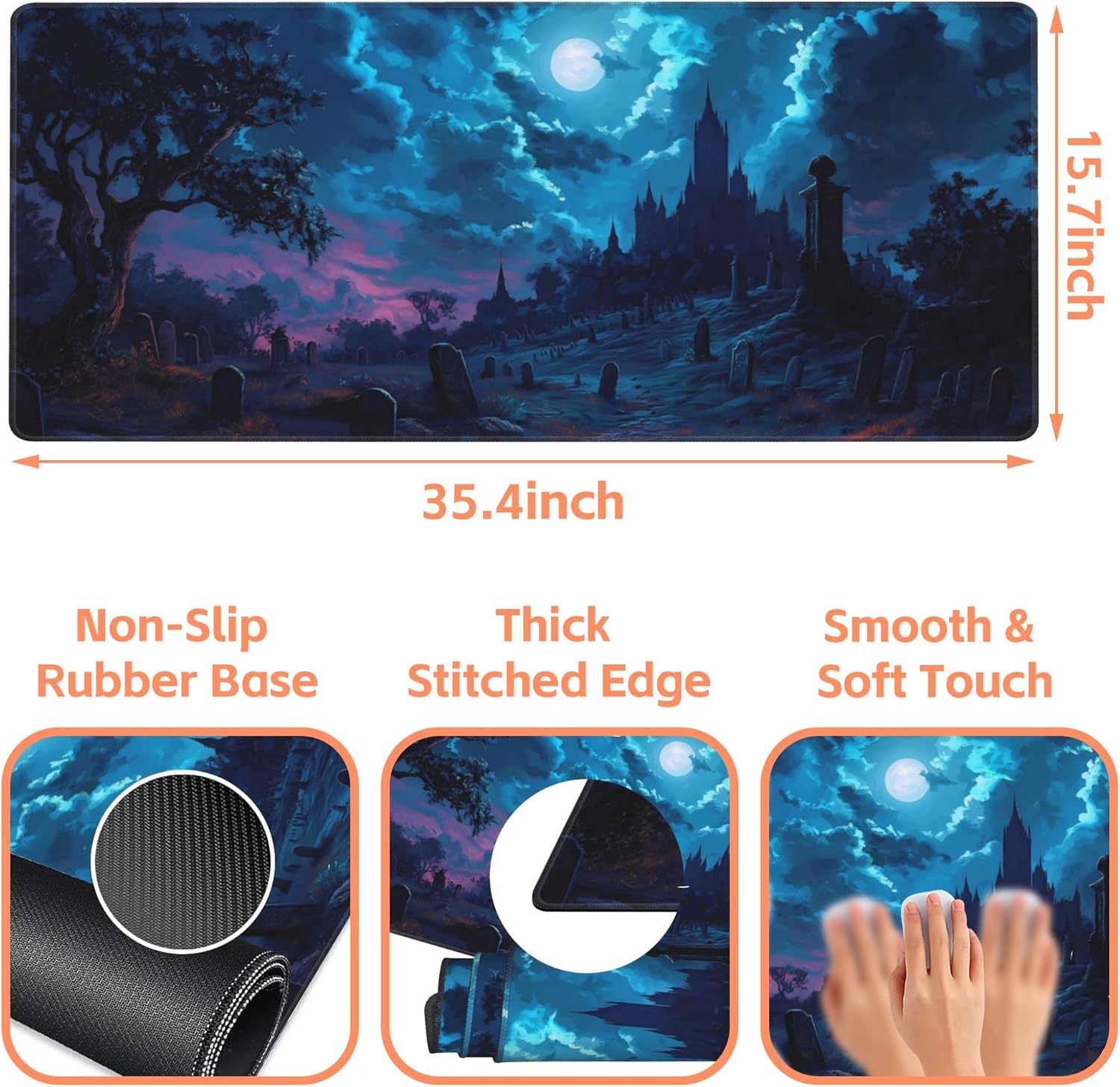 Mouse Pad Large Gothic Graveyard Non-Slip Game Desk Mat with Stitched Edge Laptop Keyboard Desk Pad for Work Home Gaming (35.4 x 15.7 Inches)