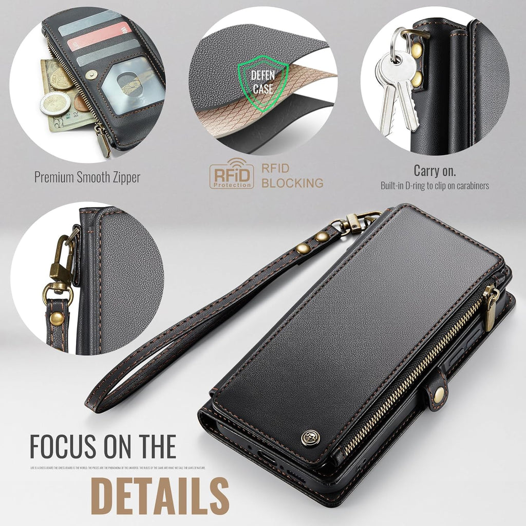 Defencase for Galaxy A26 5G Case Wallet with RFID Blocking Card Holder for Women Men, Fashion PU Leather Magnetic Snap Flip Zipper Wrist Strap Wallet Phone Case for Samsung Galaxy A26 5G, Black