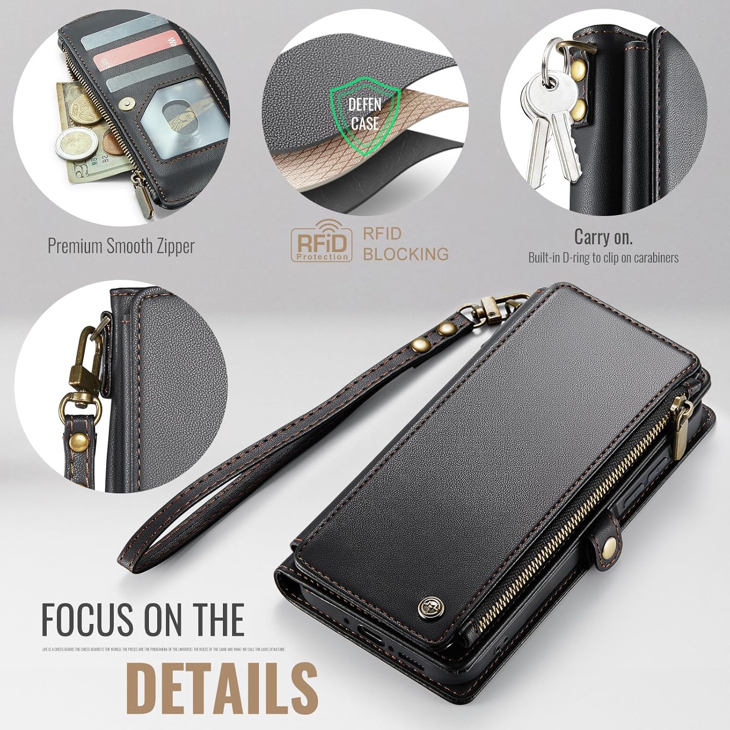 Defencase for Galaxy A26 5G Case Wallet with RFID Blocking Card Holder for Women Men, Fashion PU Leather Magnetic Snap Flip Zipper Wrist Strap Wallet Phone Case for Samsung Galaxy A26 5G, Black