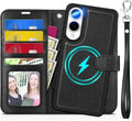 TUCCH Wallet Case for Galaxy S25 Edge, Removable 2 in 1 RFID Blocking [4 Card Slot] Wrist Strap [Wireless Charging] Kickstand PU Leather Magnetic Detachable Protective Cover for Galaxy S25 Edge, Black