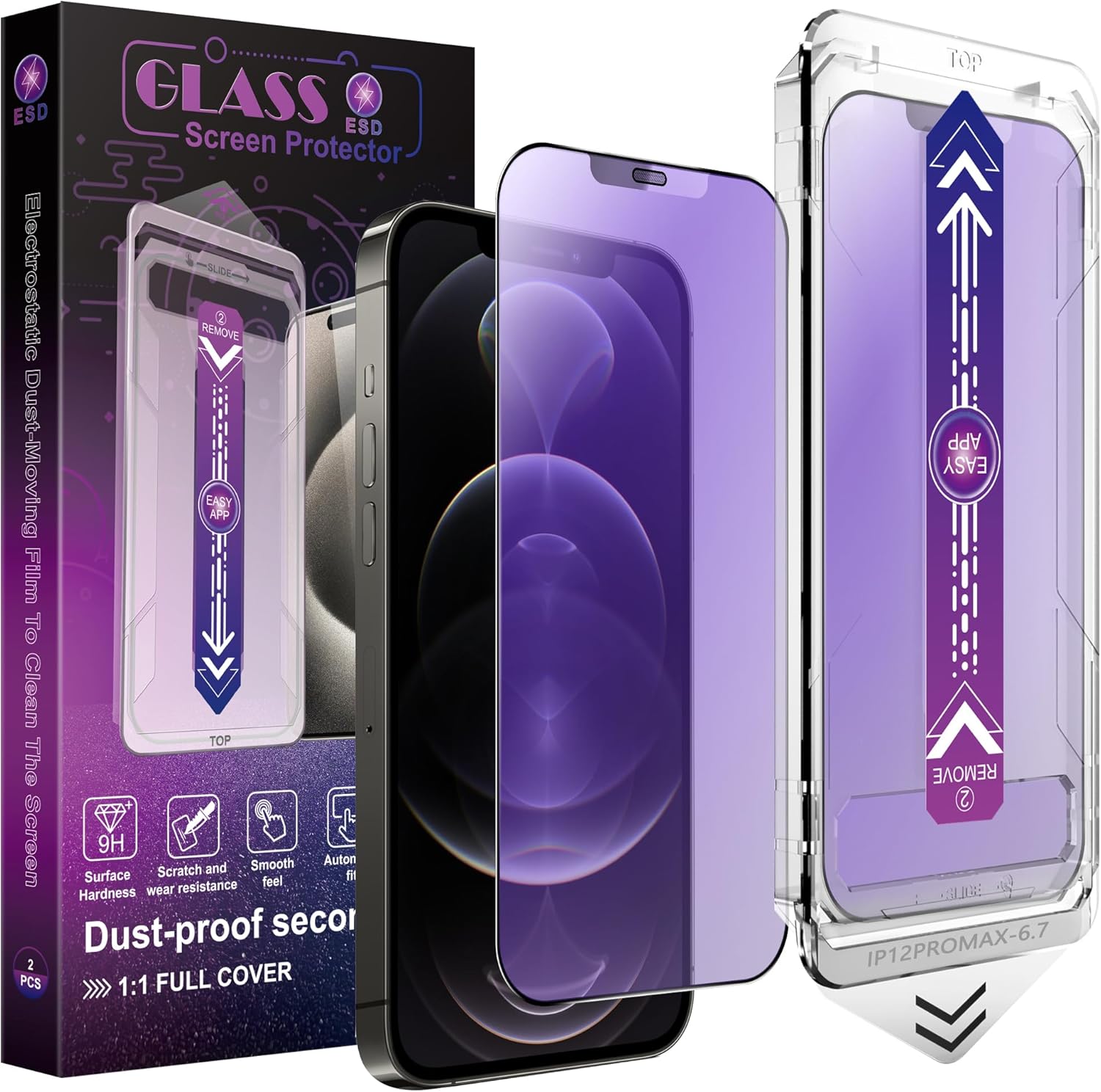 2 Pack Anti Blue Light Matte Screen Protector for iPhone 12 Pro Max, 9H Tempered Glass, Full Coverage, Anti-Fingerprint, Auto Dust-Elimination, No Bubble, Easy Installation