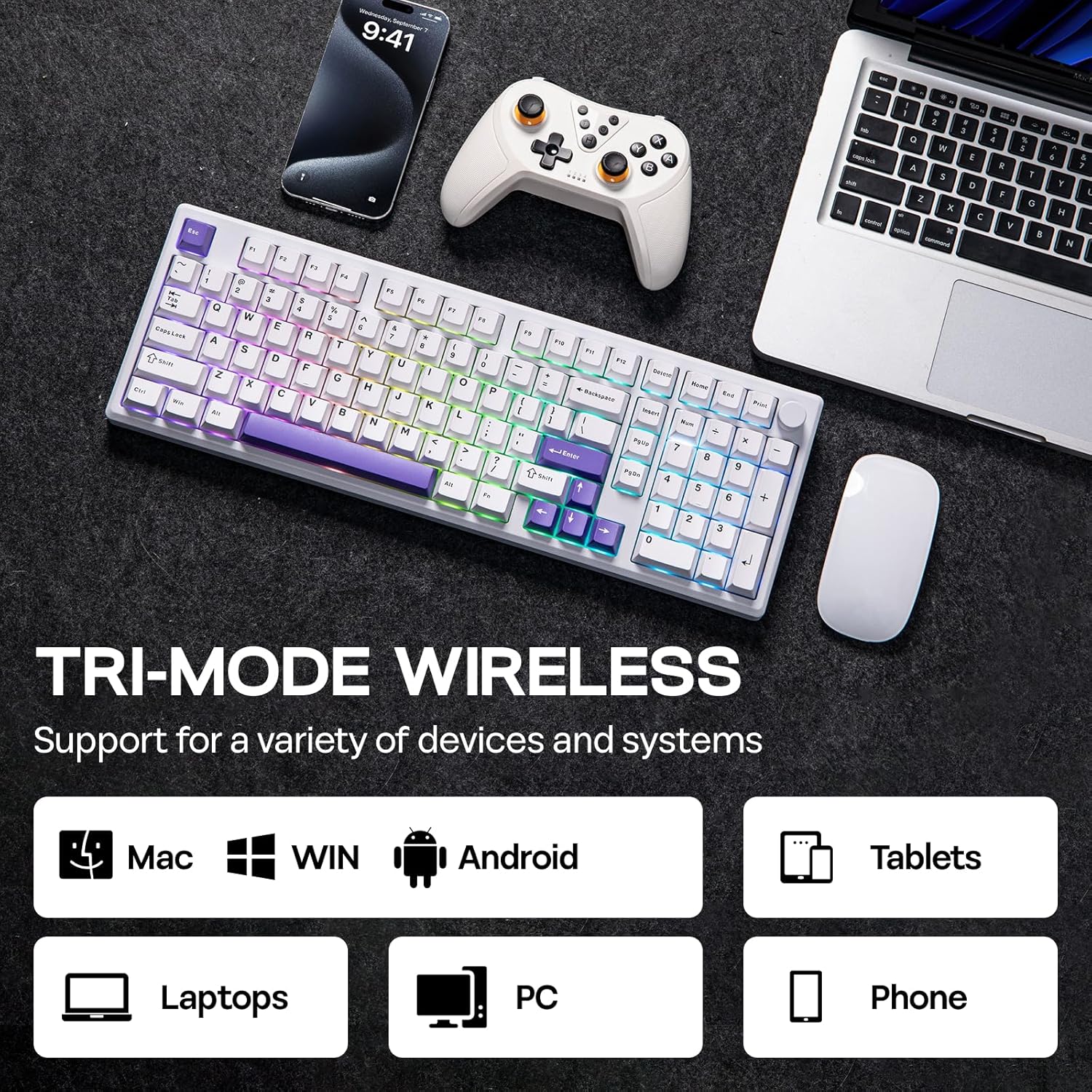 EPOMAKER Galaxy100 QMK/VIA Wireless Mechanical Keyboard with 8000mAh Battery and Numpad, CNC Aluminum, Full Size Gaming Keyboard, USB-C/BT5.0/2.4Ghz (White Purple, Marble White Switch)