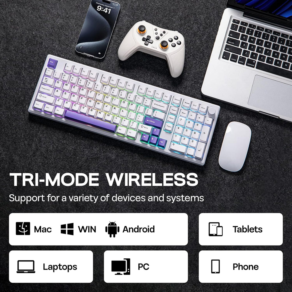EPOMAKER Galaxy100 QMK/VIA Wireless Mechanical Keyboard with 8000mAh Battery and Numpad, CNC Aluminum, Full Size Gaming Keyboard, USB-C/BT5.0/2.4Ghz (White Purple, Wisteria Linear Switch)
