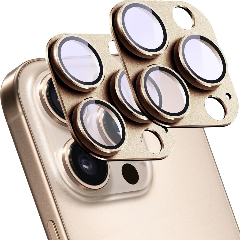 2 Pack Camera Lens Protector for iPhone 16 Pro/iPhone 16 Pro Max,[Not Easy to Breakn ] AR Tempered Glass Strong Adsorption Metal Camera Cover Screen-Desert Gold