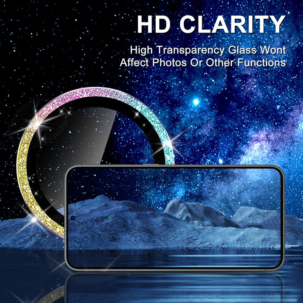 for Samsung Galaxy S24 Plus Camera Lens Protector, Individual Metal Ring Tempered Glass Lens Cover, [Strong Adsorption] Scratch Resistant Ultra-Thin HD Clear Lens Cover, 1 Set-Colorful Sparkly
