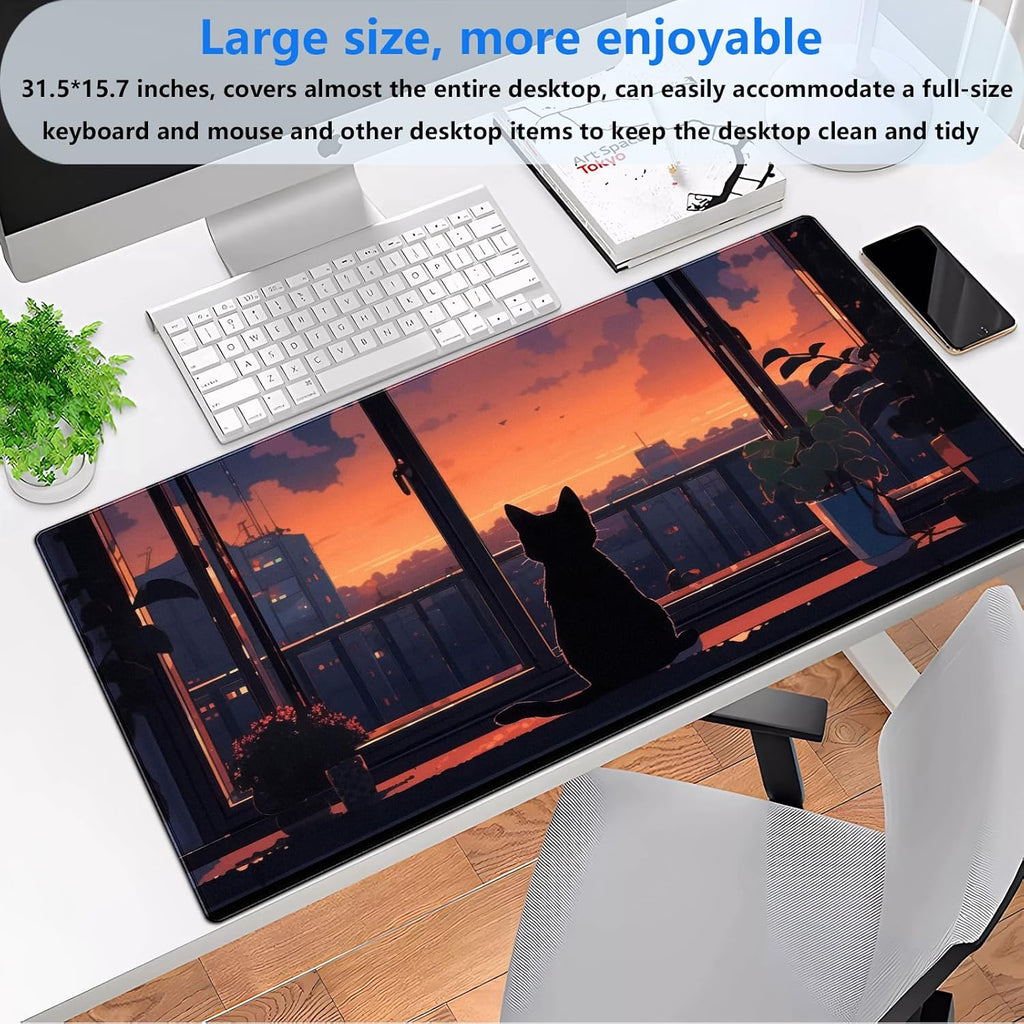 Lofi Aesthetic Desk Mat Cat Mouse pad Cute Orange Anime Mouse Pad Extra XL Large Gaming Mousepad for Desk 31.5''X15.7'' Laptop Computer Keyboard and Mouse Mat for Desk Decoration