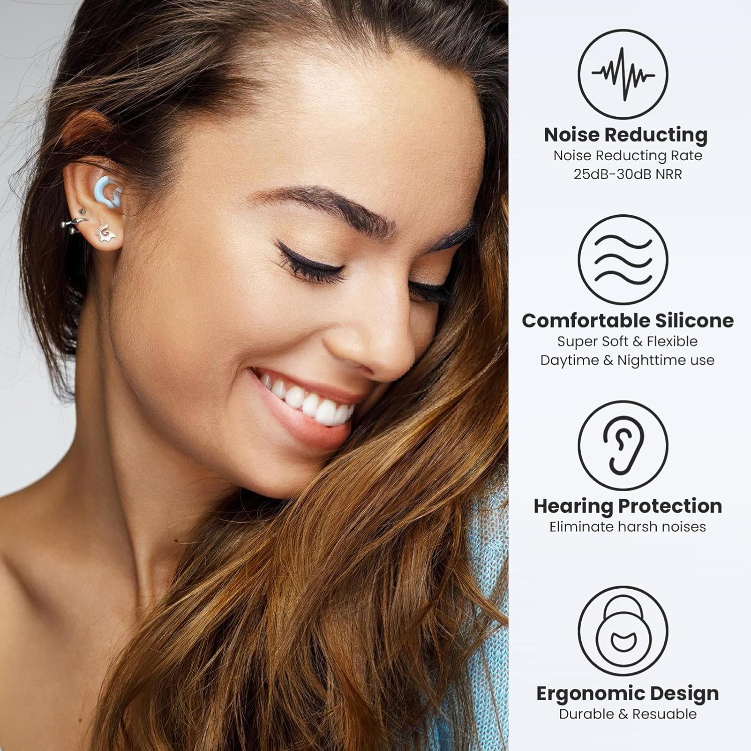 Soft Silicone Earplugs for Sleeping & Noise Reduction - 7 Pairs Ear Tips & One Connection Cord - Reusable Hearing Protection for Concert, Work & Sound Reduction 25dB-30db