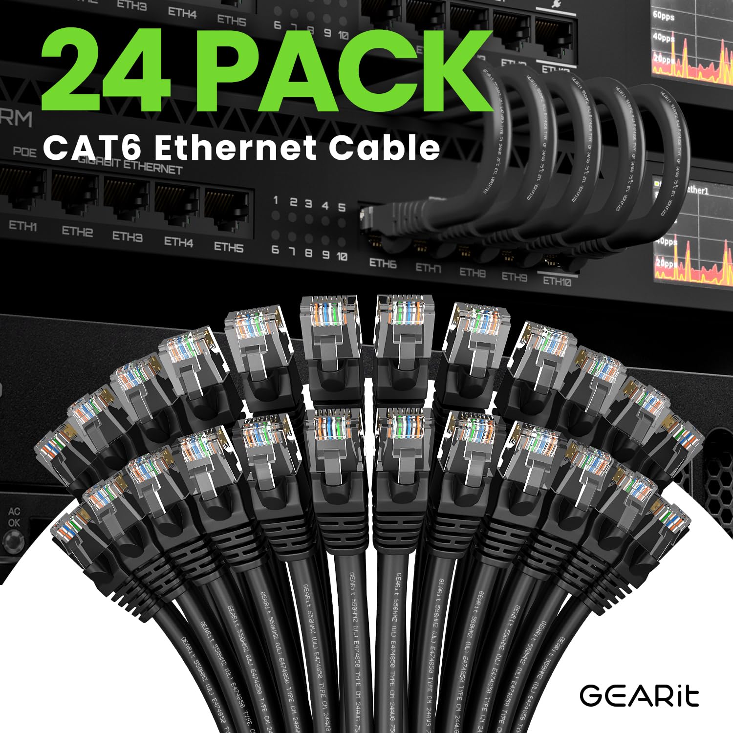 GearIT Cat 6 Ethernet Cable Pack - 24-Pack 4 ft Cat6 Ethernet Patch Cables | RJ45 Network Patch Cable, 10 Gbps Snagless Gold-Plated Connectors - Ethernet Cable Cat 6 for PC, TV, Router - Black