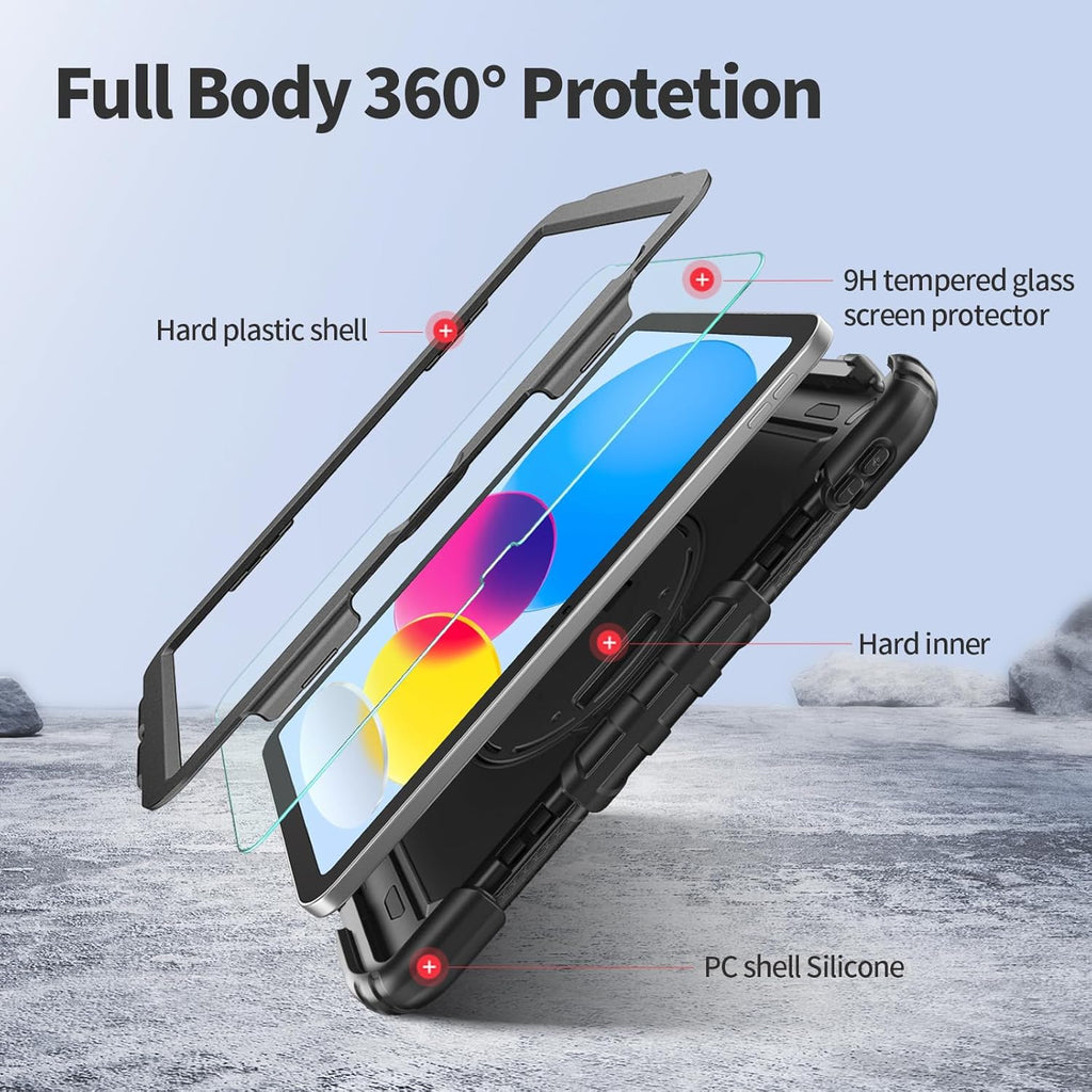 Ambison Case for iPad (A16) 11th/10th Generation 11"/10.9'' 2025/2022,Heavy Duty Shockproof Case with Tempered Glass Screen Protector, 360° Rotating Handle Strap&Stand,Shoulder Strap-Black