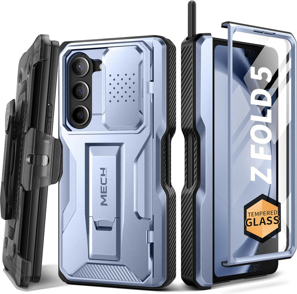 TONGATE for Z Fold 5 Case, [with S Pen Slot & Hinge Protection] [Tempered Glass Screen Protector] Full-Body Military Drop Phone Case for Samsung Galaxy Z Fold 5 with Kickstand & Belt Clip, ICY Blue