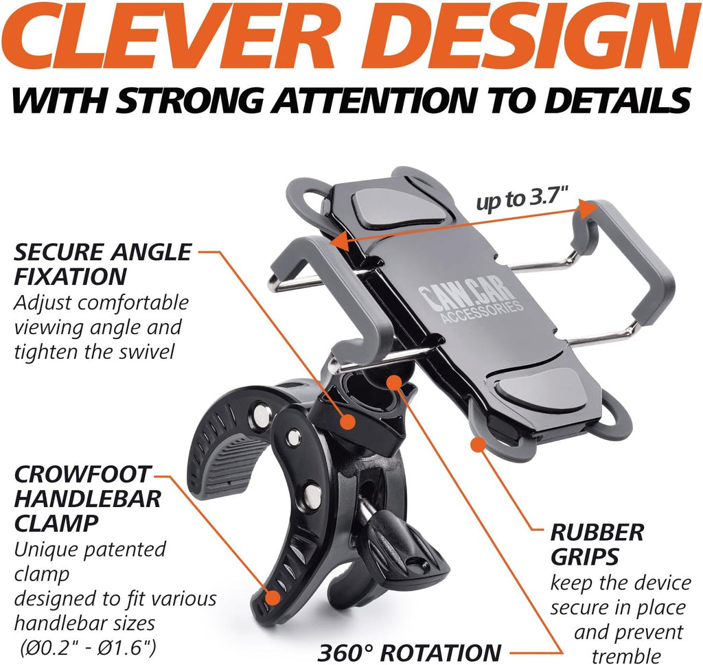 Bike & Motorcycle Phone Mount - For iPhone 16 (15, Xr, SE, Max/Plus), Galaxy S22 or any Cell Phone - Universal ATV, Mountain & Road Bicycle Handlebar Holder. +100 to Safeness & Comfort