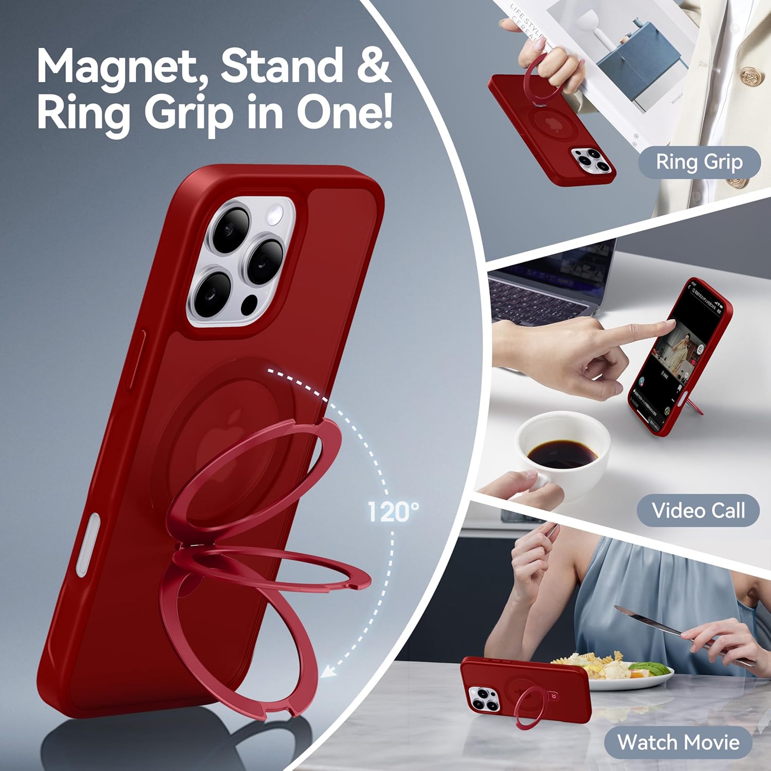 CASEKOO Designed for iPhone 16 Pro Case with Magnetic Invisible Stand [Military Drop Protection] [Compatible with MagSafe] Shockproof Slim Matte Translucent Case 6.3 Inch, Red