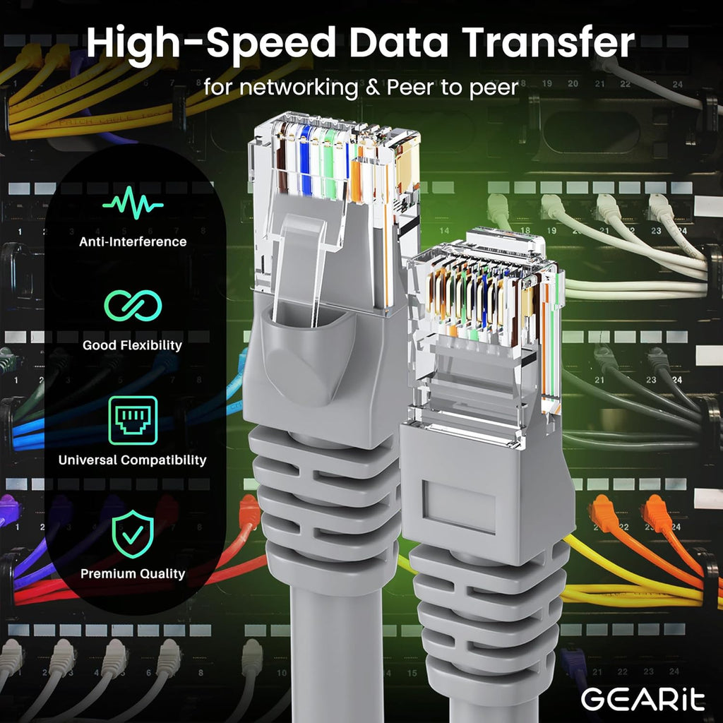 GearIT Cat 6 Ethernet Cable (20-Pack 5 Feet) Cat6 Network Patch, 10Gbps, RJ45, Snagless Cord, Gold-Plated Connectors, Internet for PC, TV, Tablet, Router, Printer, Servers, IT Data Center - Gray