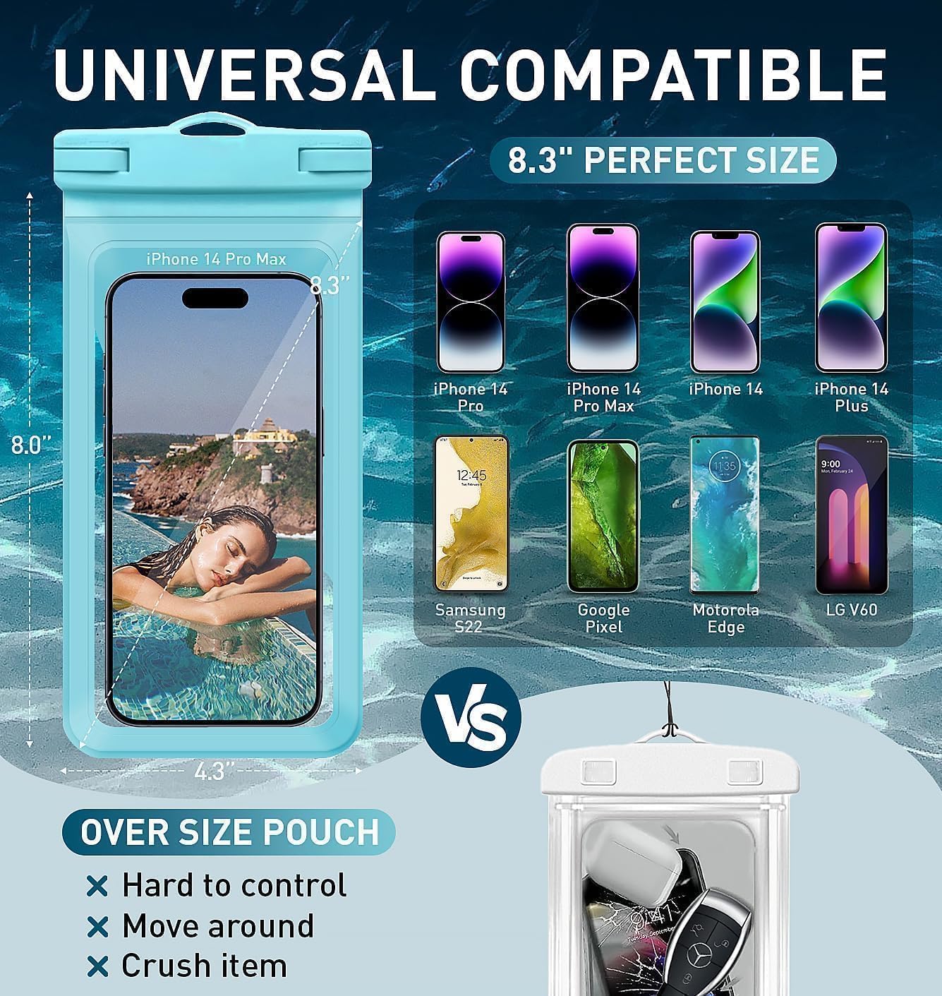 Waterproof Phone Case, with Inside Card Holder, Large Waterproof Pouch for iPhone 16 15 14 13 Pro Max, IPX8 Certified Cellphone Travel Accessories for Vacation Must Haves, 1 Pack-Blue-8.3″