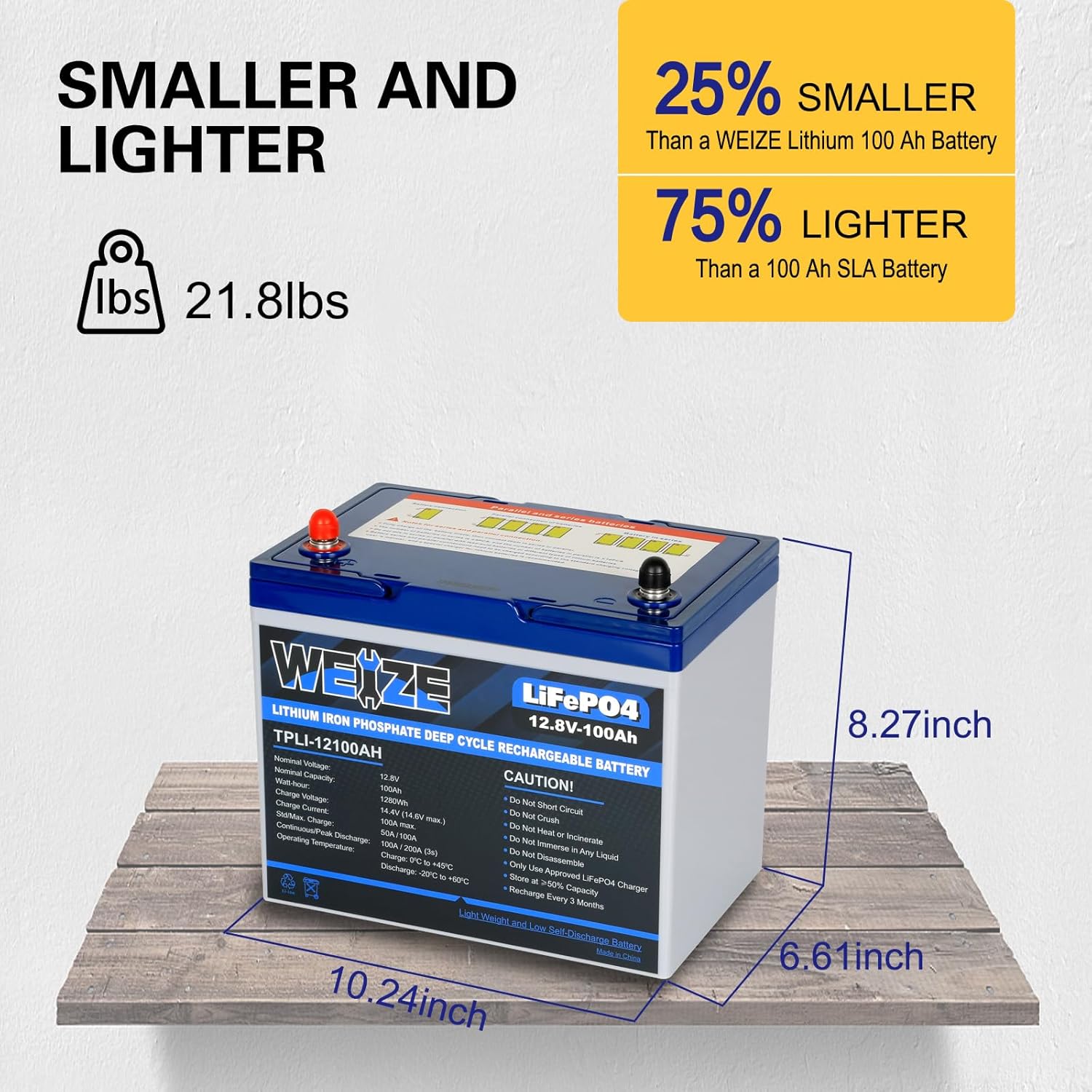 WEIZE 12V 100Ah Mini LiFePO4 Battery, Built-in 100A Smart BMS, Deep Cycle Lithium Iron Phosphate Battery Perfect for RV, Solar, Marine, Trolling Motor, Off Grid Applications, Backup Sump Pump