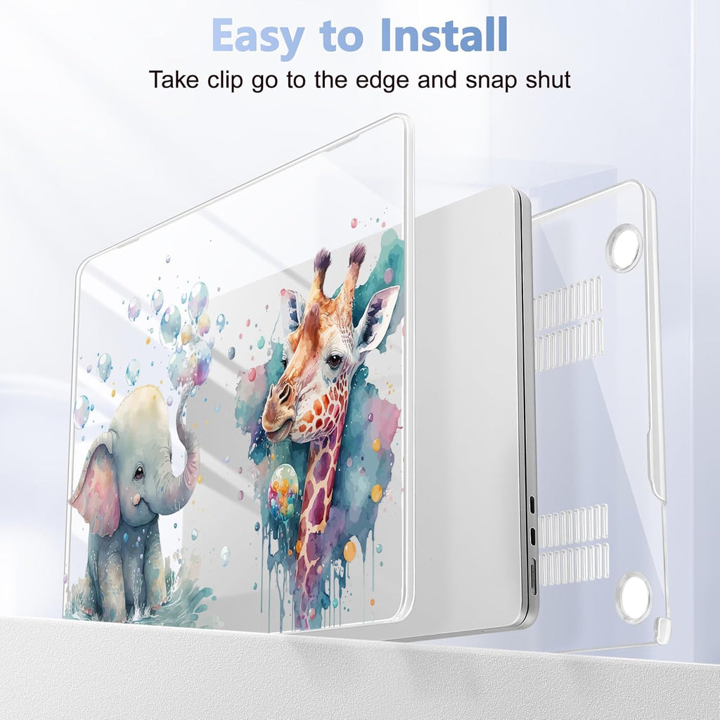 Case for MacBook Air 15 Inch 2025 2024 2023 Release M4 A3241 M3 A3114 M2 A2941, Hard Shell with Screen Protector & Keyboard Cover, Compatible with Touch ID - Elephant & Giraffe