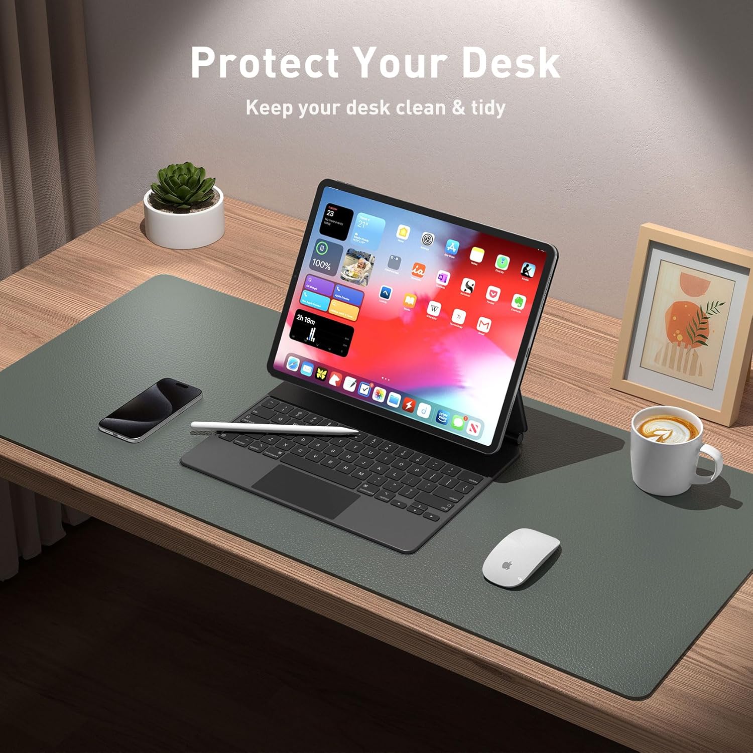 Aothia Leather Desk Pad Protector, Large Mouse Pad, Office Desk Mat, Non-Slip PU Leather Desk Blotter, Laptop Desk Pad, Waterproof Desk Writing Pad for Office and Home (Jungle Green, 23.6" x 13.7")